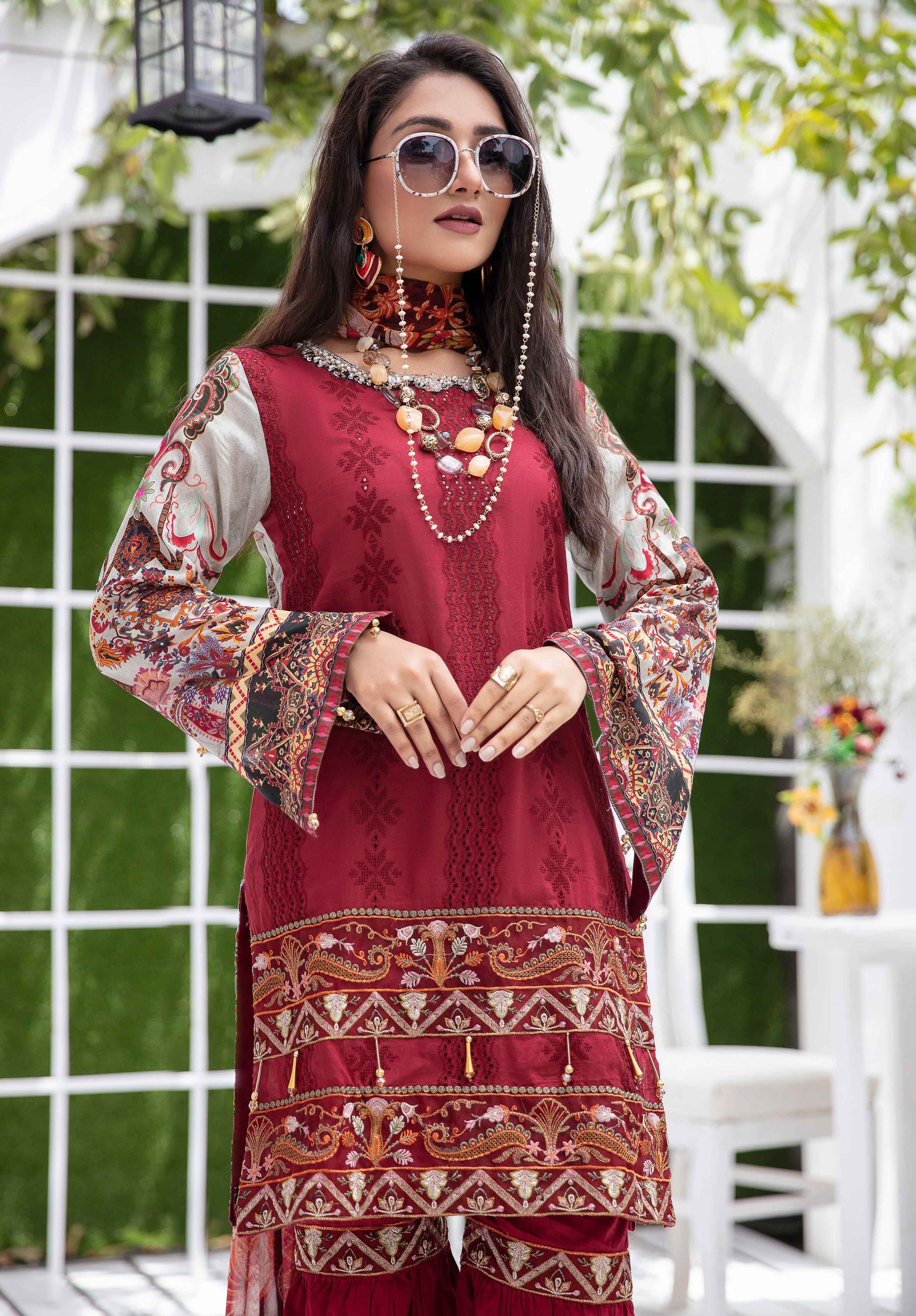 readymade pakistan lawn suit in colour maroon