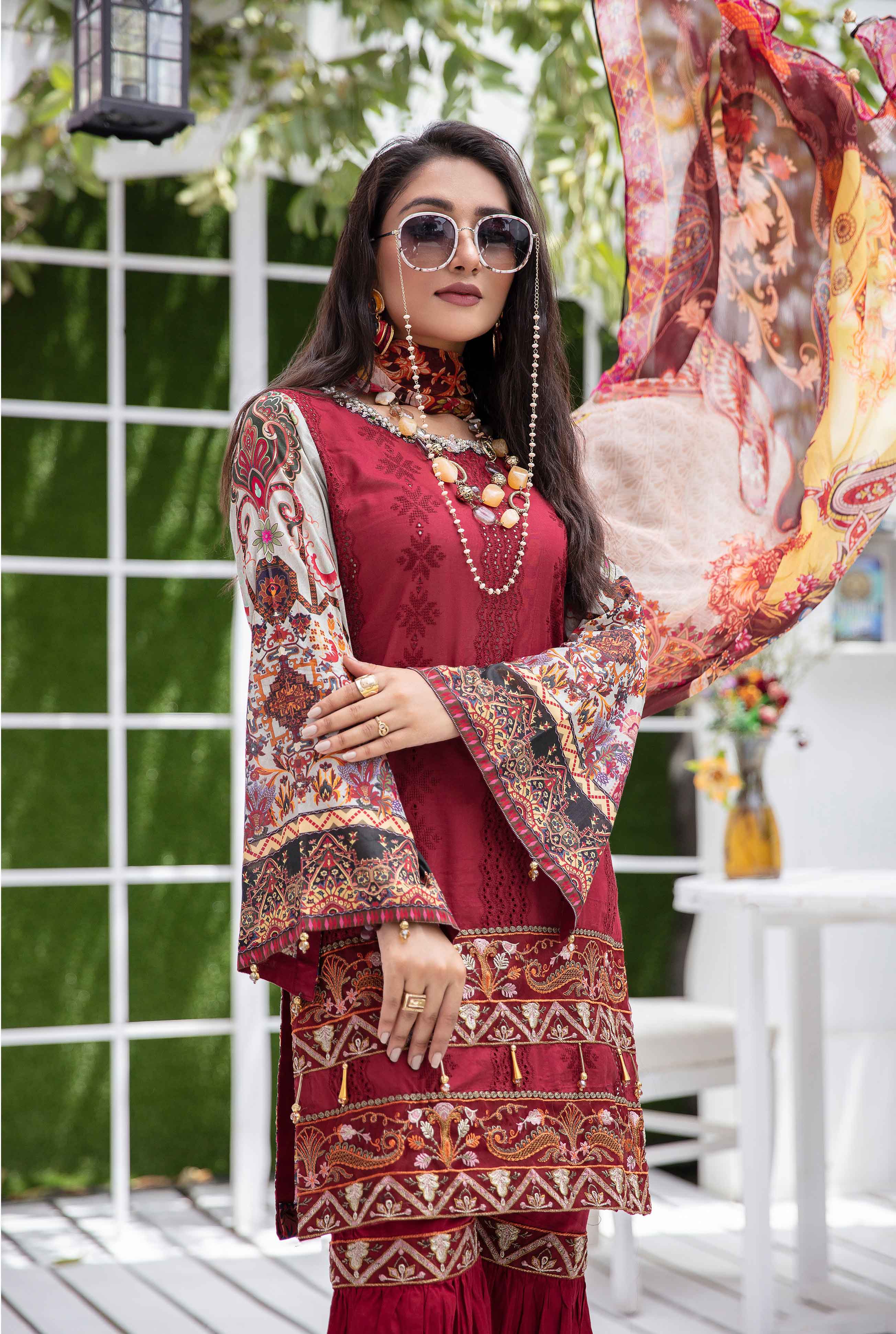 pakistani lawn suit in colour maroon