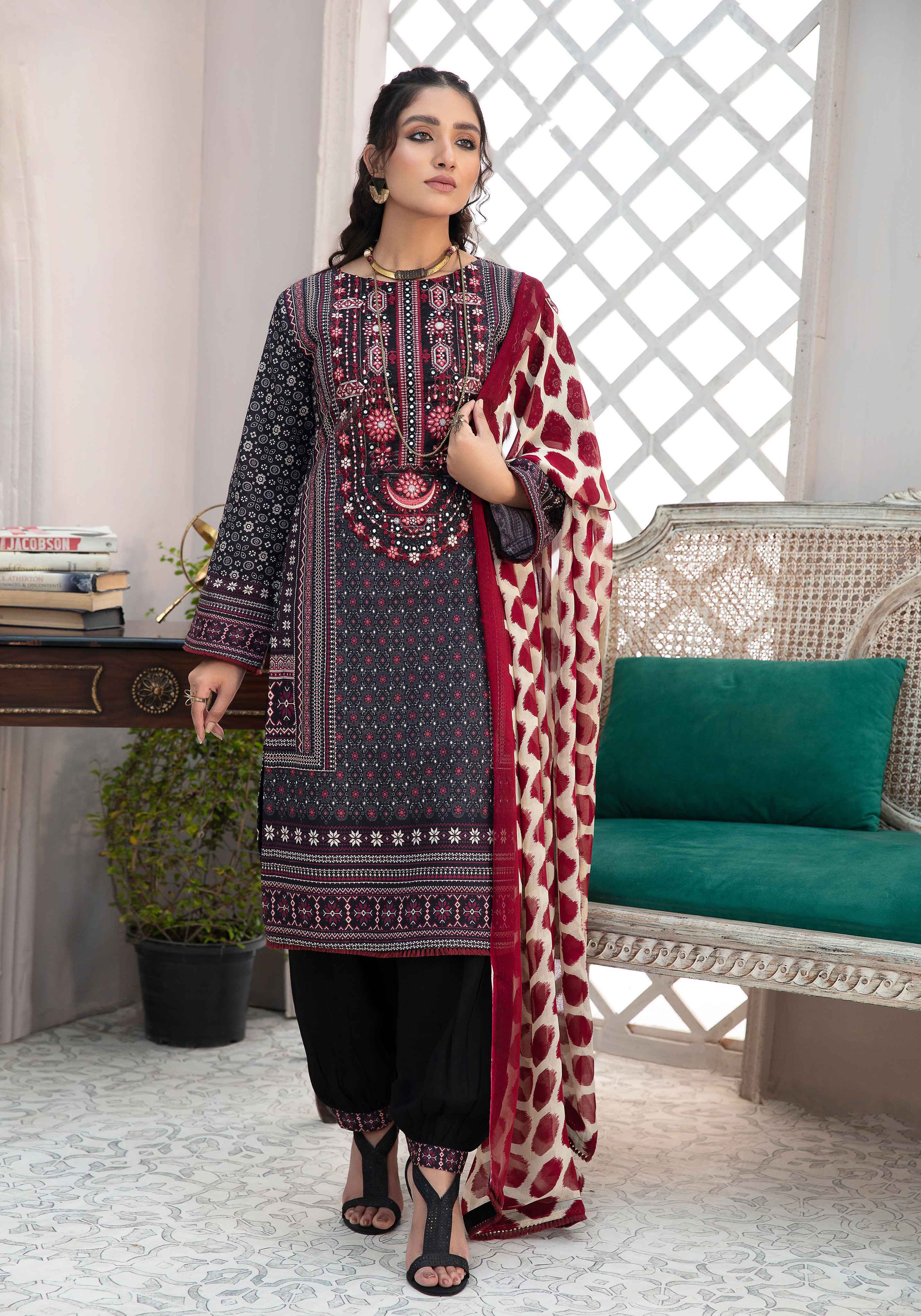 Noir 3 Piece Embroidered Swiss Khaddar Shalwar Suit 25209 Desi Posh