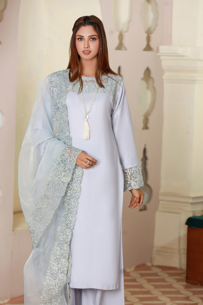 Desi Posh Pastels Eid Embroidered suit Grey - Desi Posh