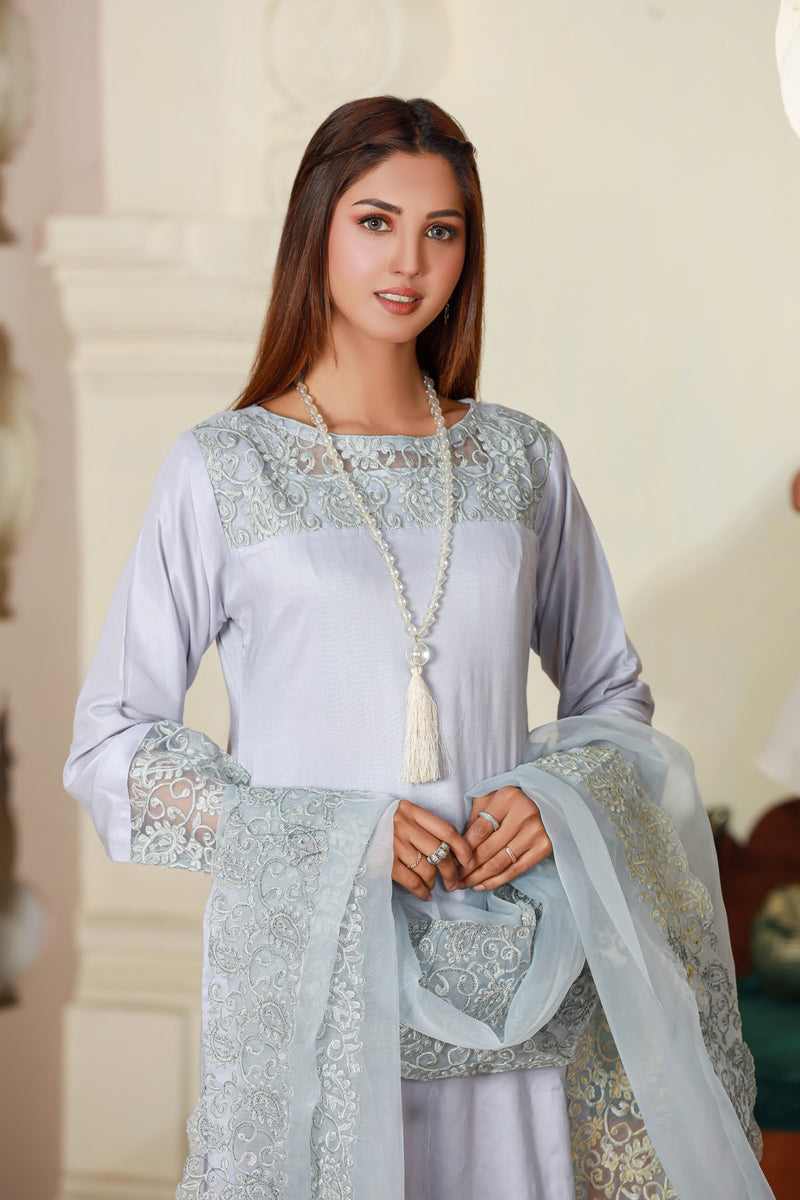 Desi Posh Pastels Eid Embroidered suit Grey - Desi Posh