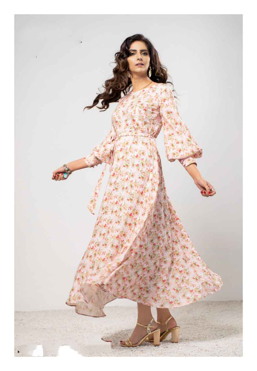 Pakistani Designer Light Pink Printed Long Dress DesiP