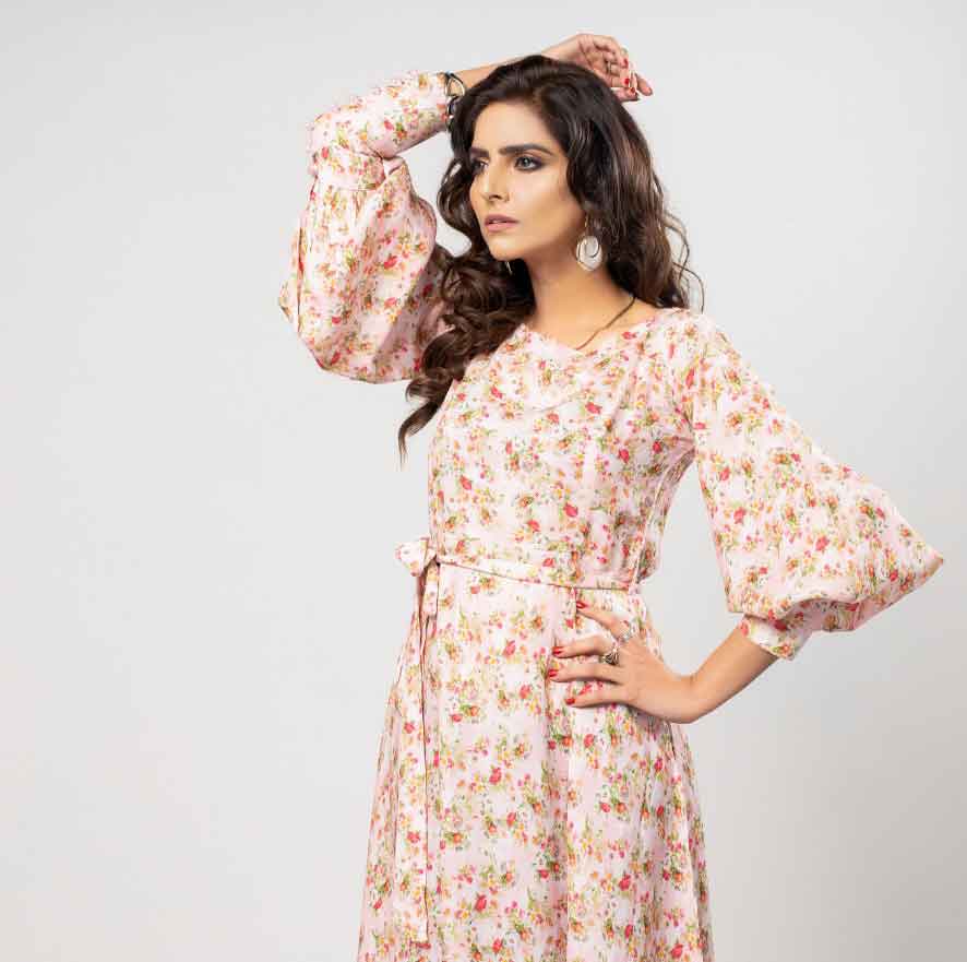 Pakistani Designer Light Pink Printed Long Dress Desi Posh