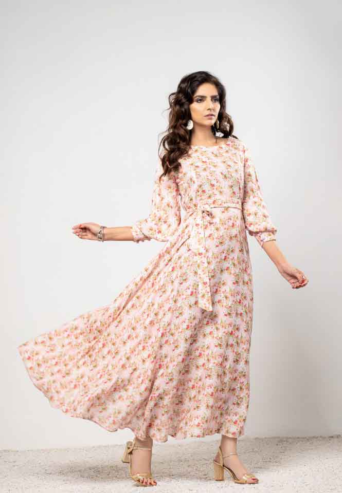 Pakistani Designer Light Pink Printed Long Dress