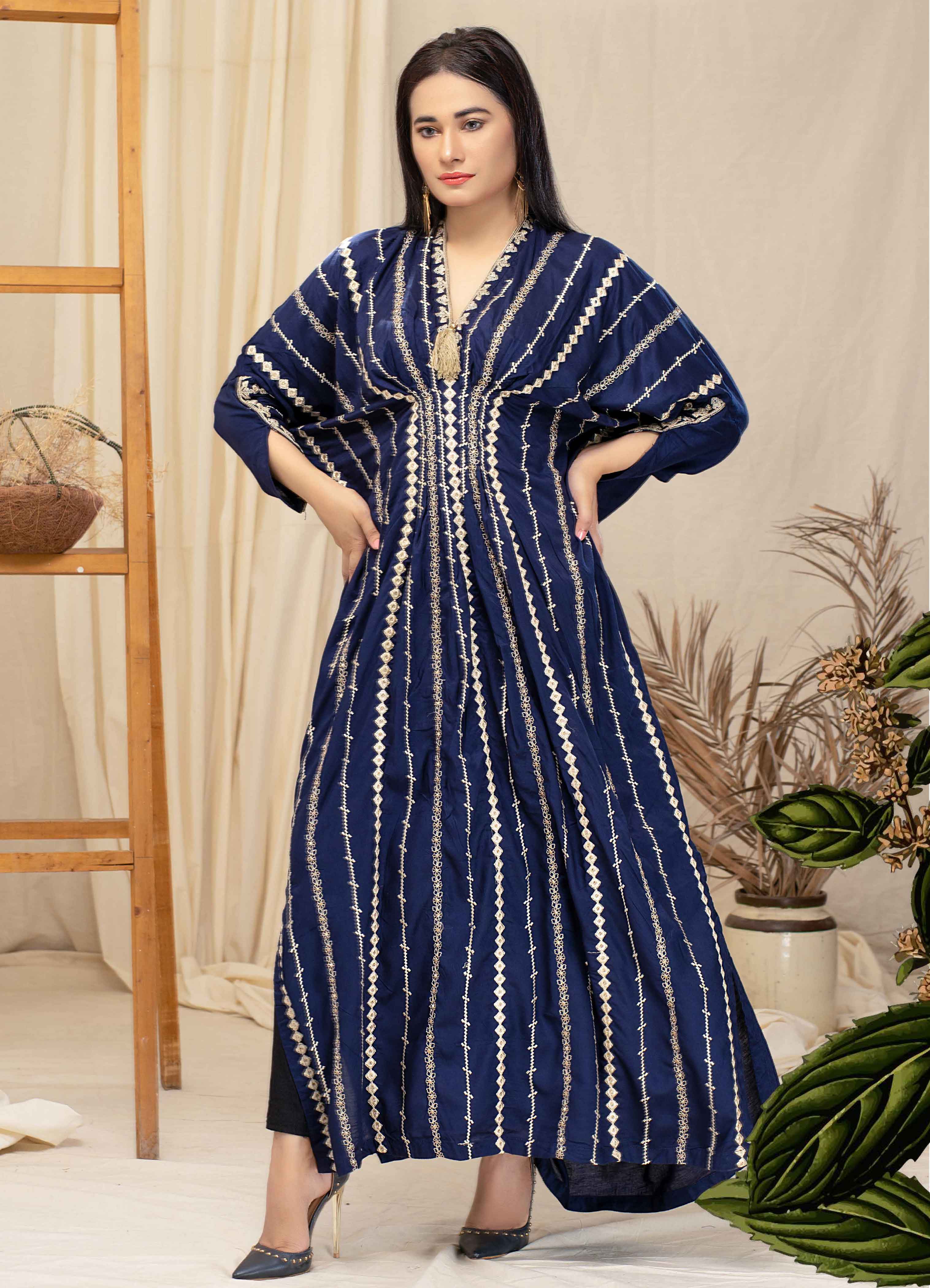 Pakistani Designer Winter Long Kaftan Navy Blue Kurta