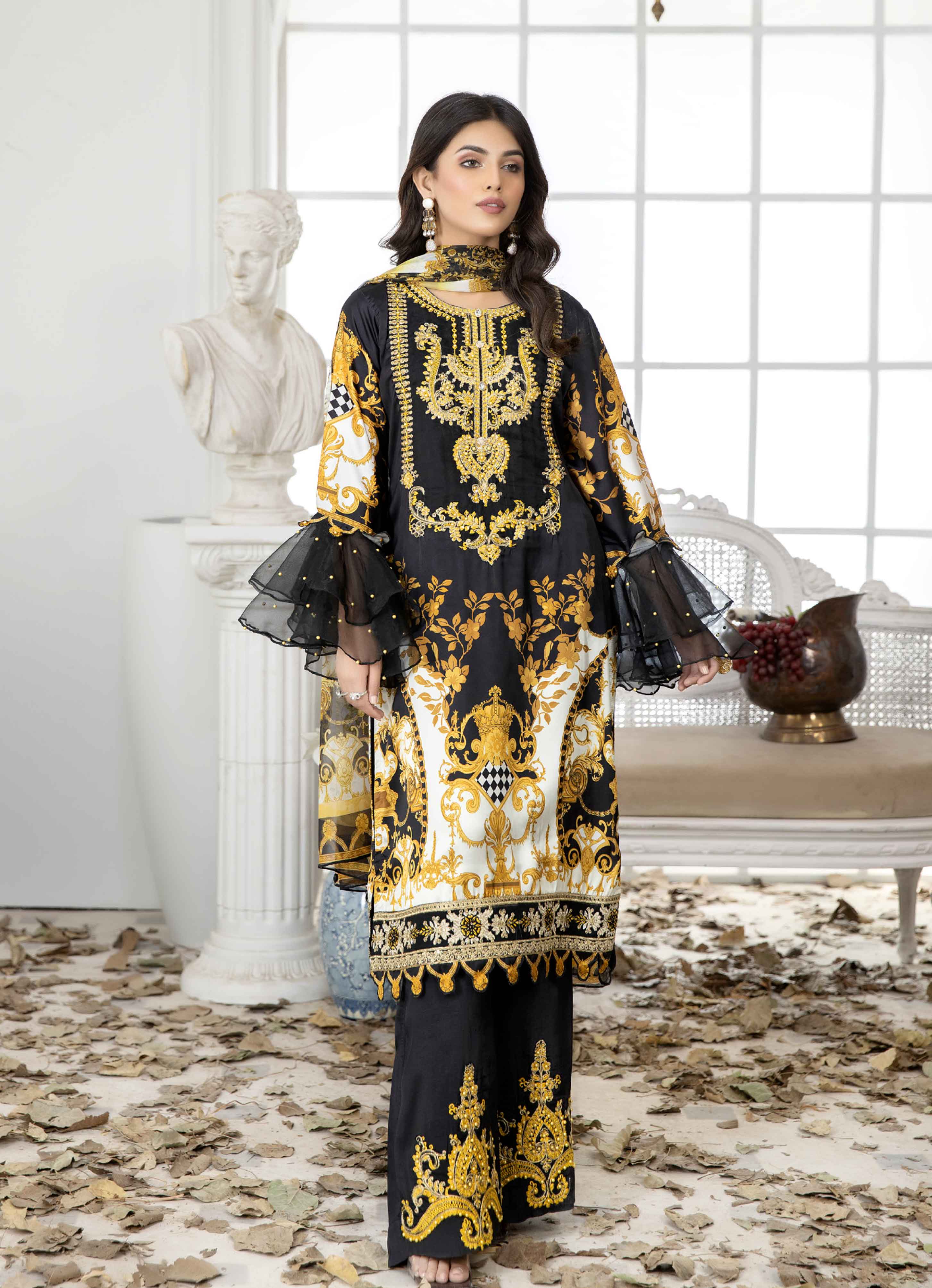 Readymade Antique Gold 3 Piece Silk Pakistani Suit