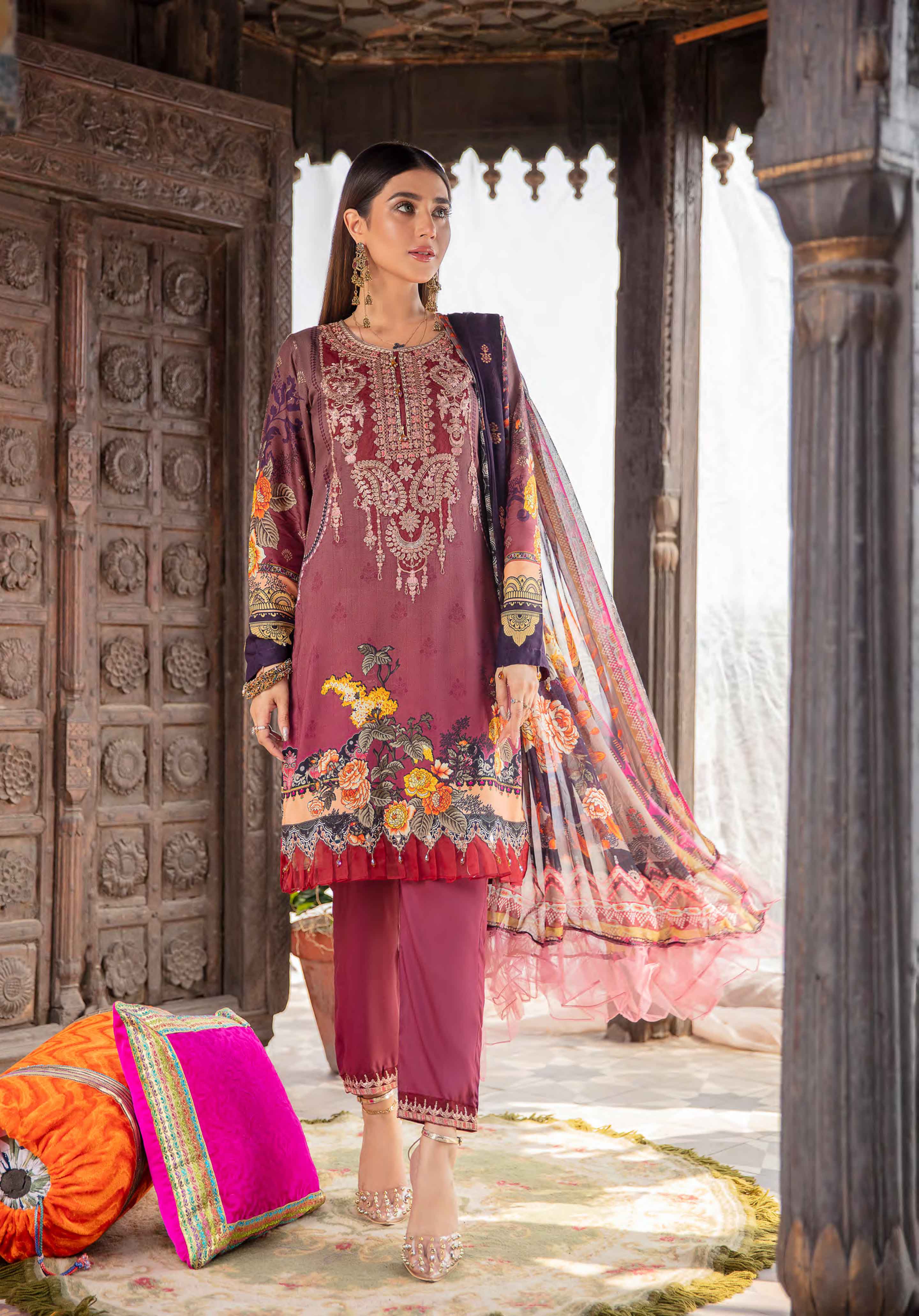 Rozana by Simrans Digital Print Linen Outfit with Embroidered Trousers HL06