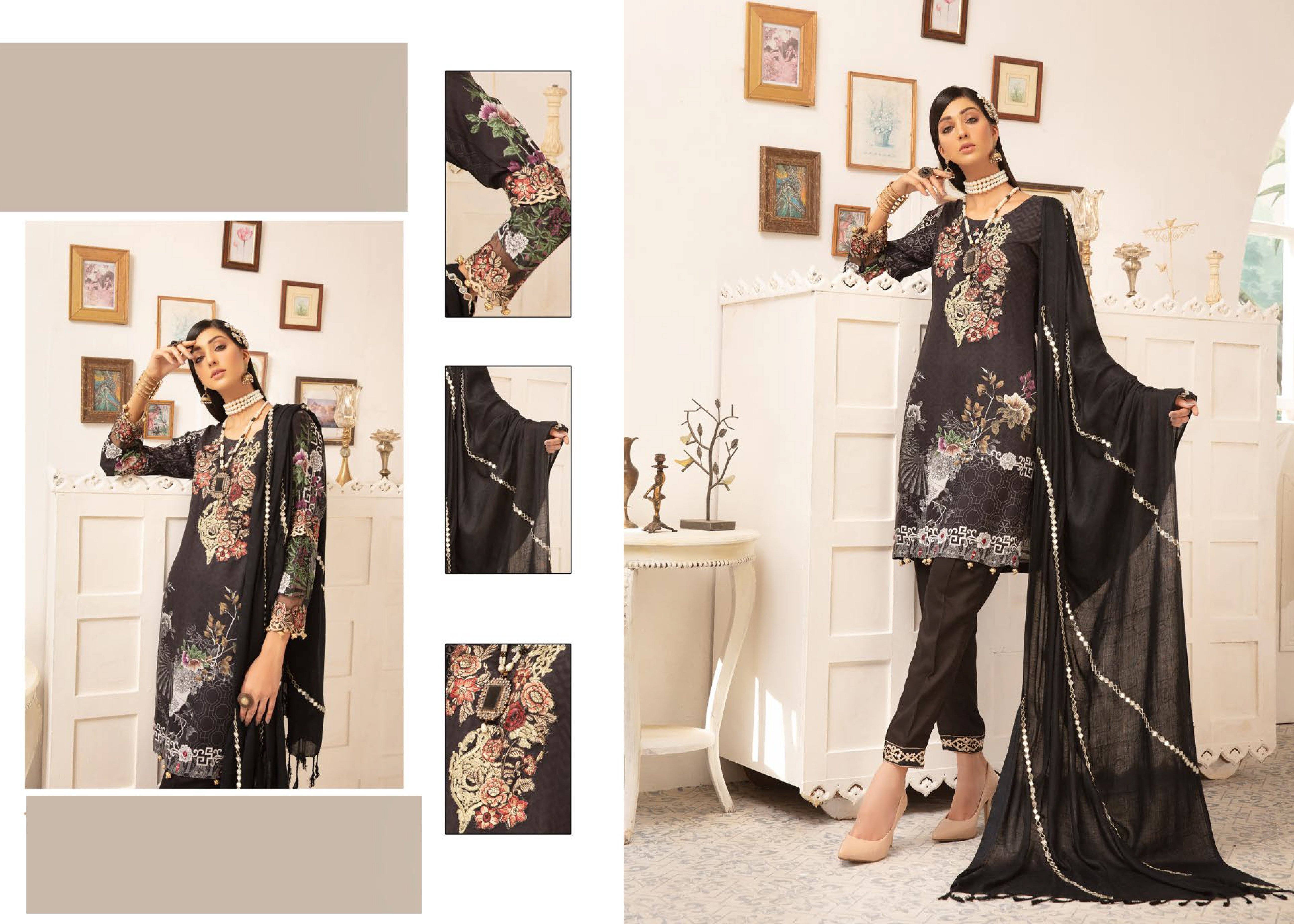 Rozana by Simrans Digital Print Linen Outfit with Mirror Detailed Wool Dupatta SUW07 - Desi Posh