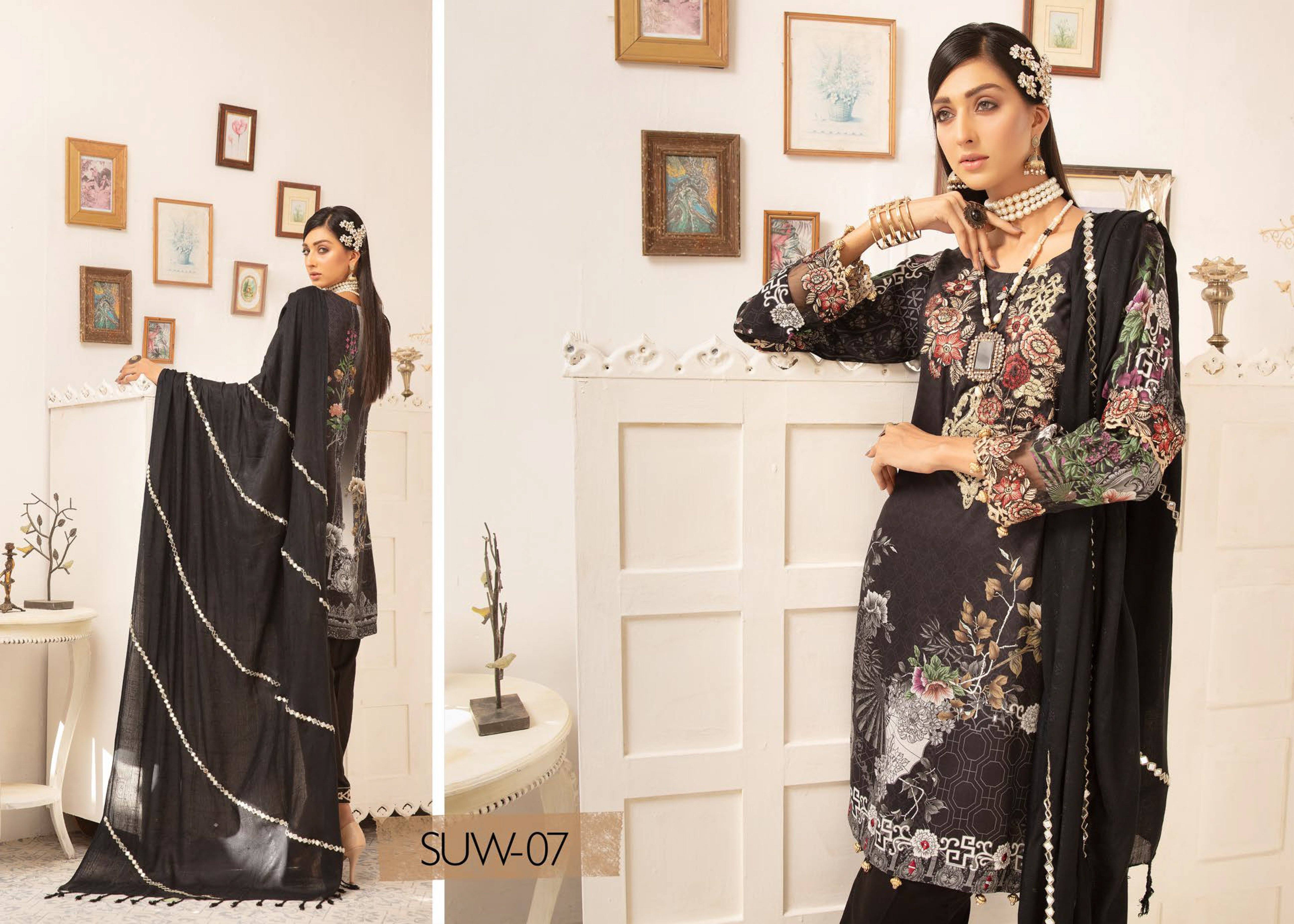 Rozana by Simrans Digital Print Linen Outfit with Mirror Detailed Wool Dupatta SUW07 - Desi Posh