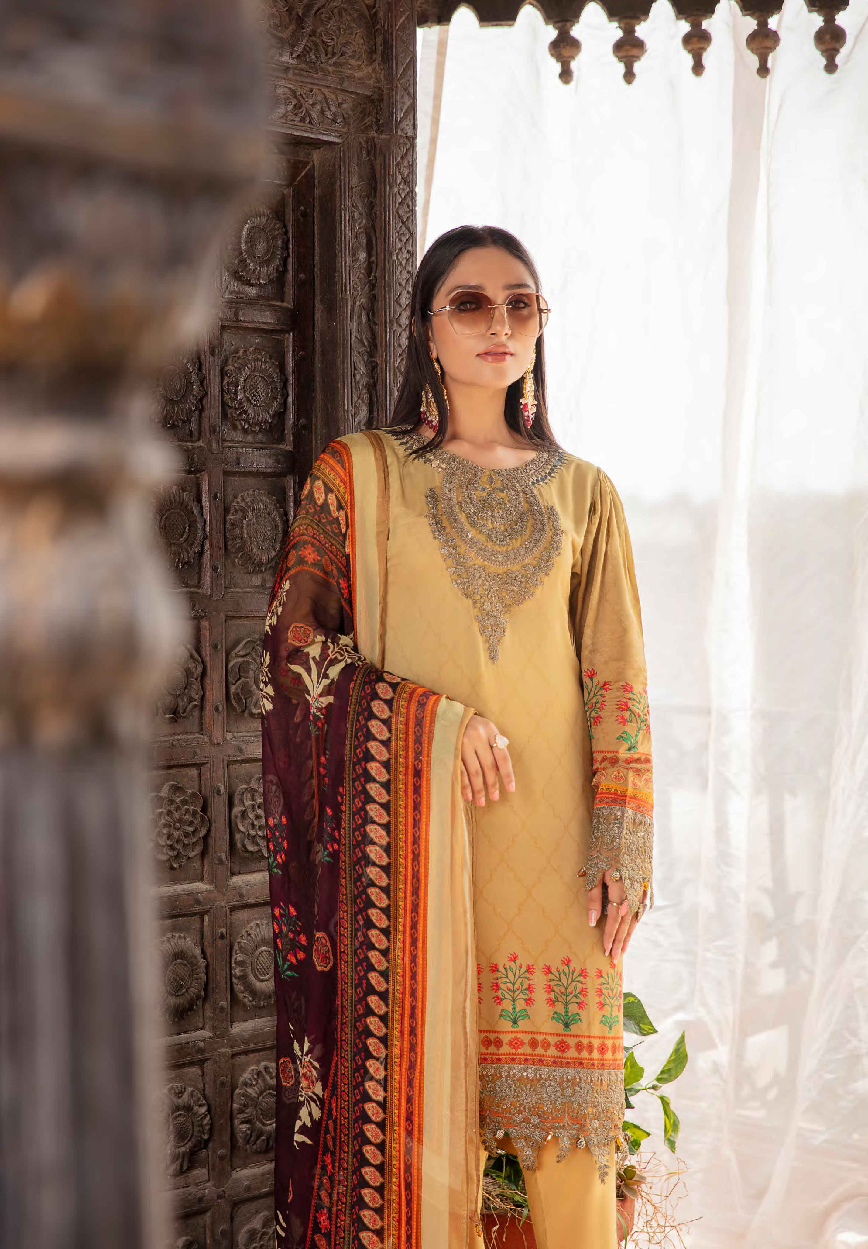 Rozana Digital Print Spring Linen Outfit with Embroidered Trousers HL02 Desi Posh