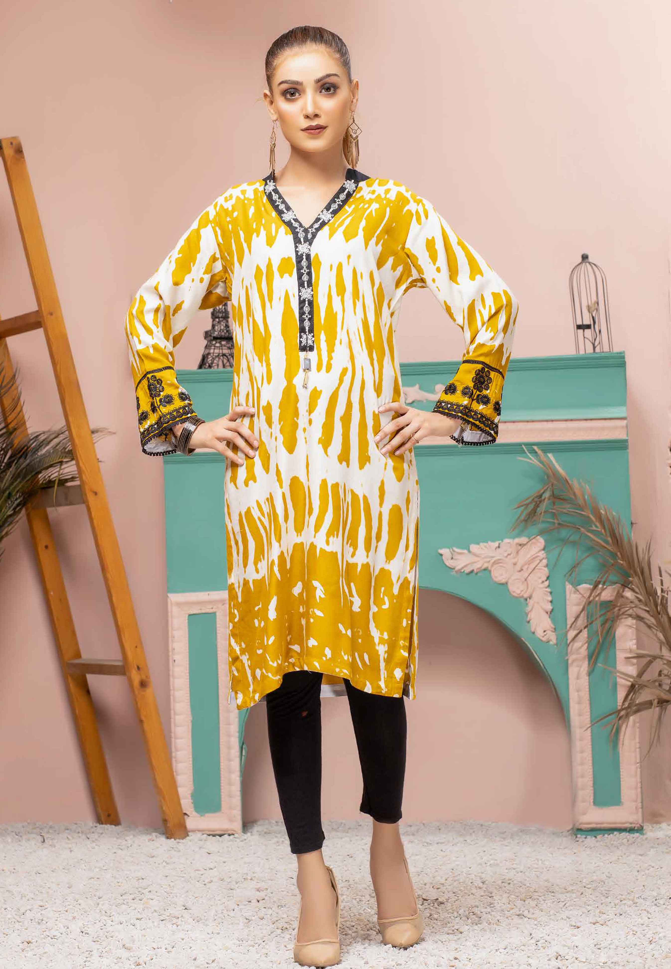 Sana Safinaz Embroidered Tie Dye Mustard Linen Kurti