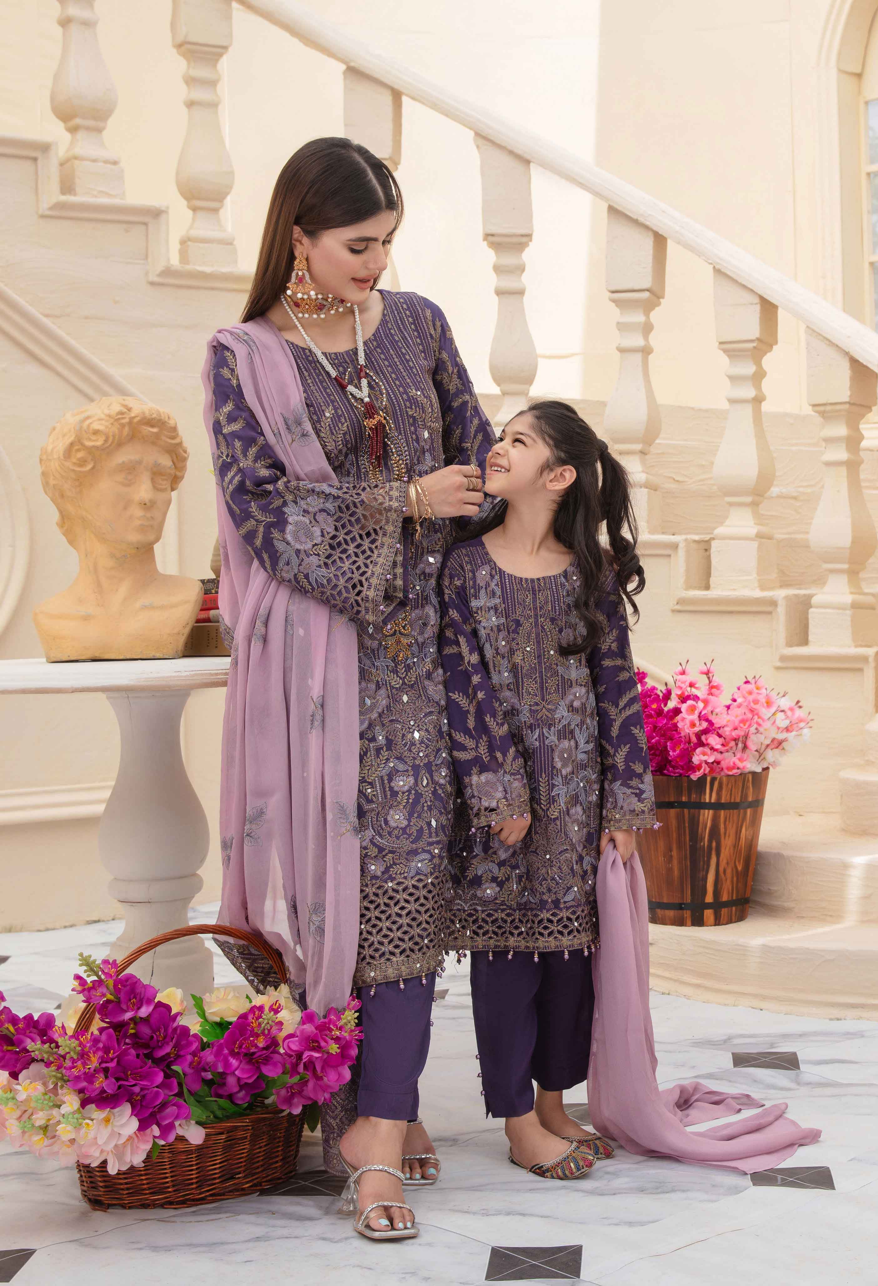 Shanzele Girls Wedding Edition Mother & Daughter Purple Outfit DesiP 