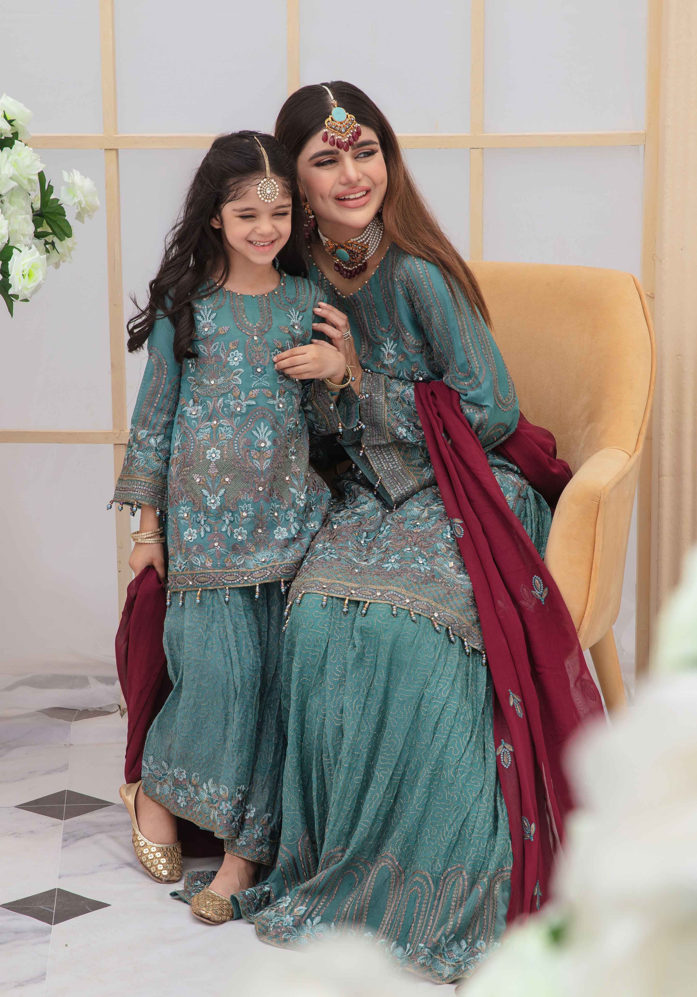 Shanzele Girls Wedding Edition Mummy & Me Sea Green Sharara Suit DesiP 