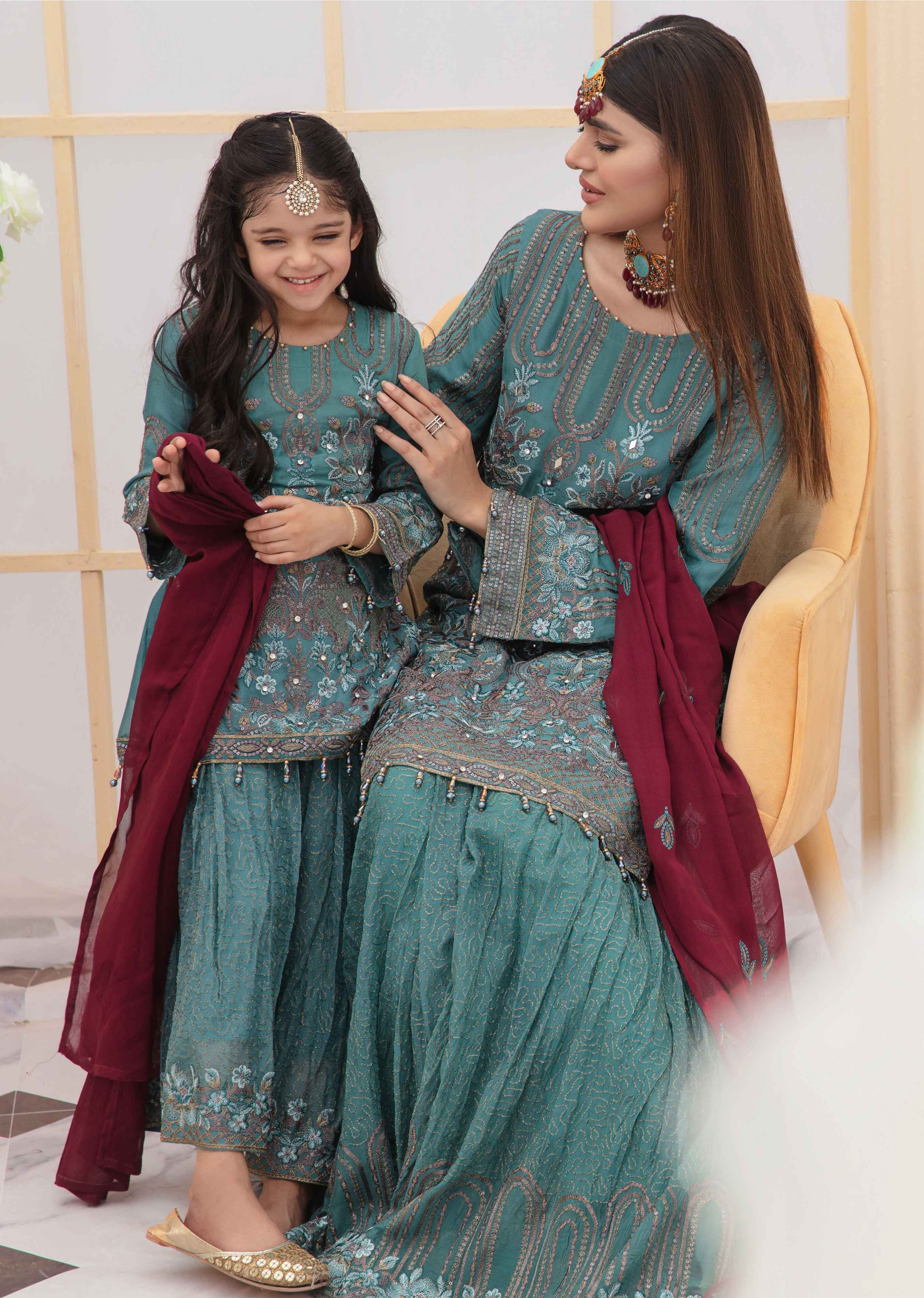 Shanzele Wedding Edition Mummy & Me Sea Green Sharara Suit DesiP 