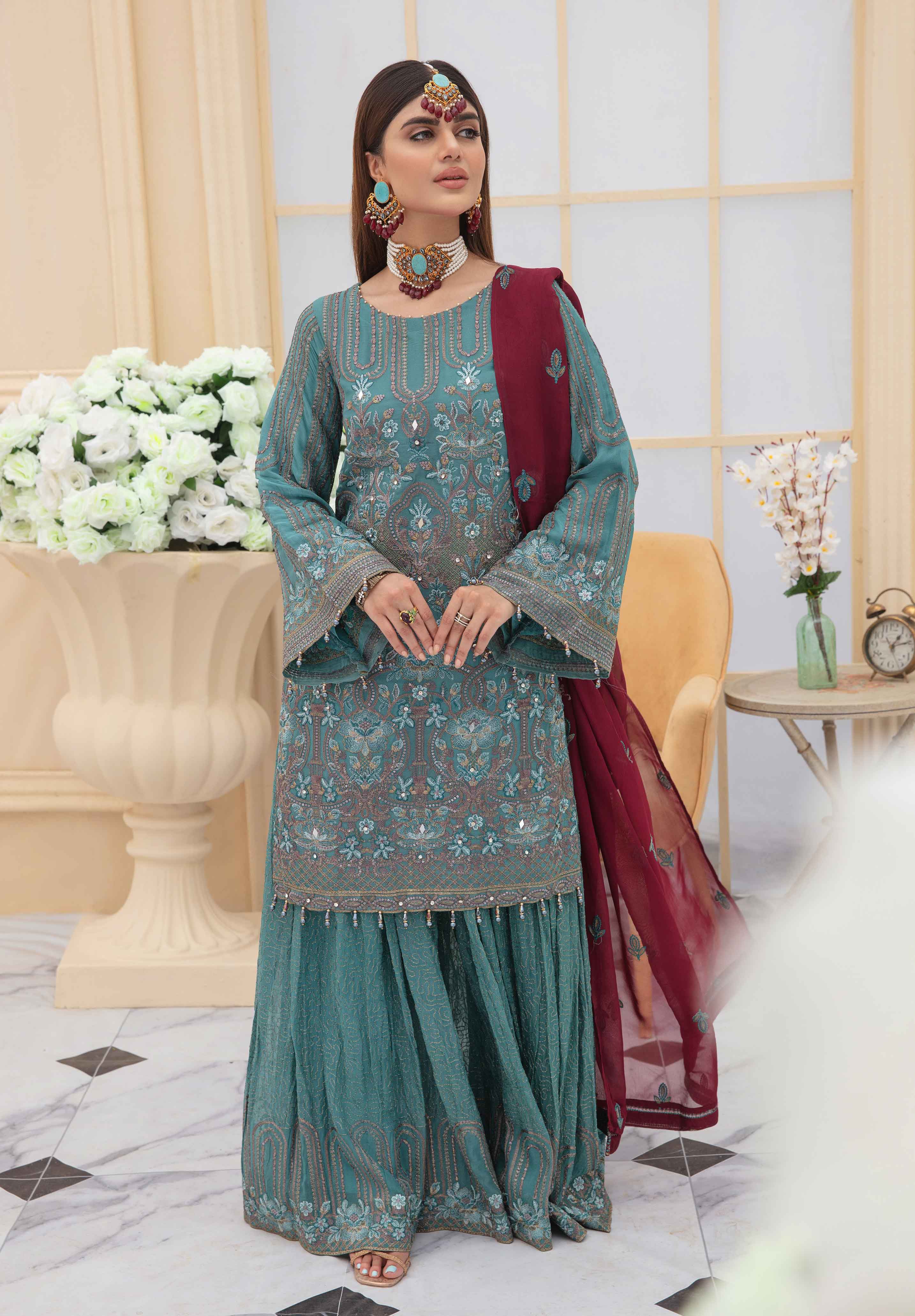 Shanzele Wedding Edition Mummy & Me Sea Green Sharara Suit DesiP 