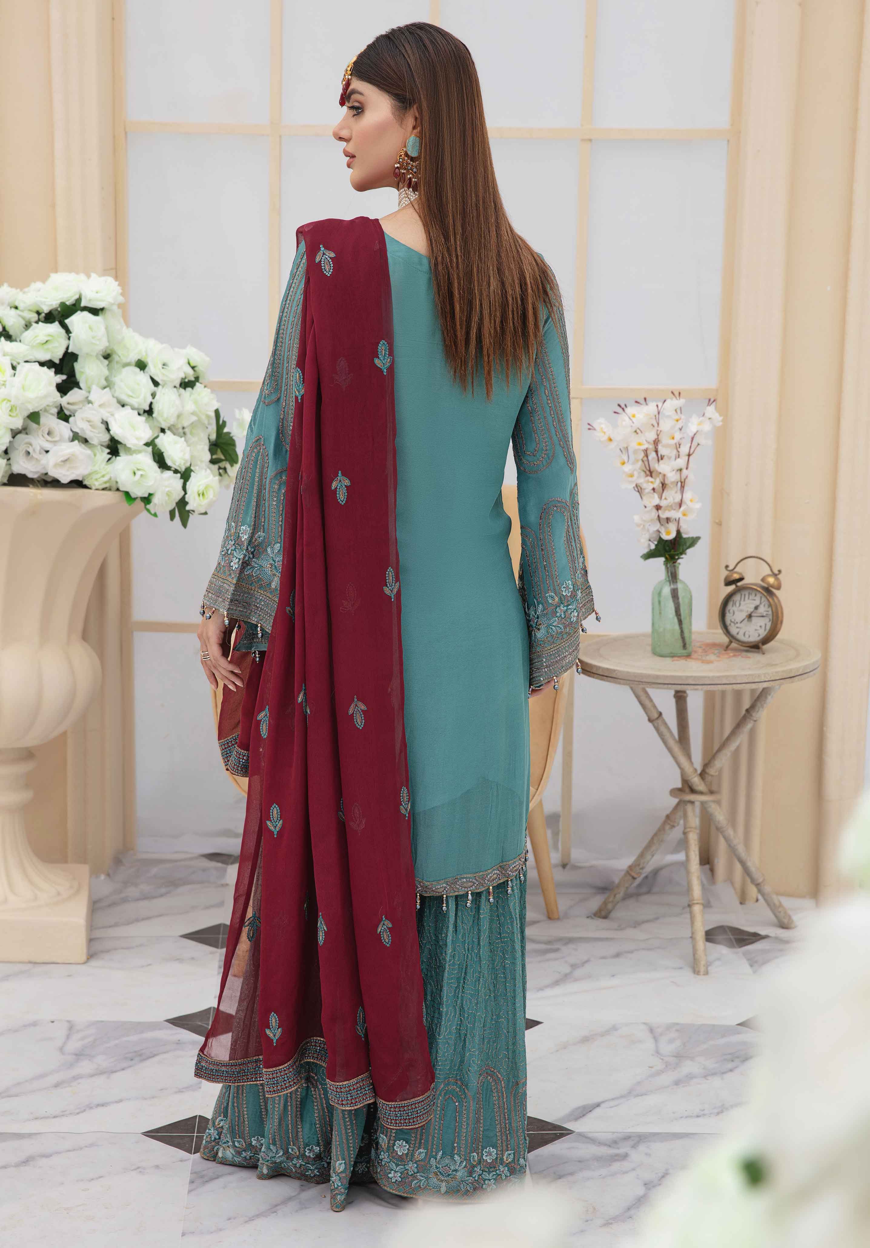 Shanzele Wedding Edition Mummy & Me Sea Green Sharara Suit DesiP 