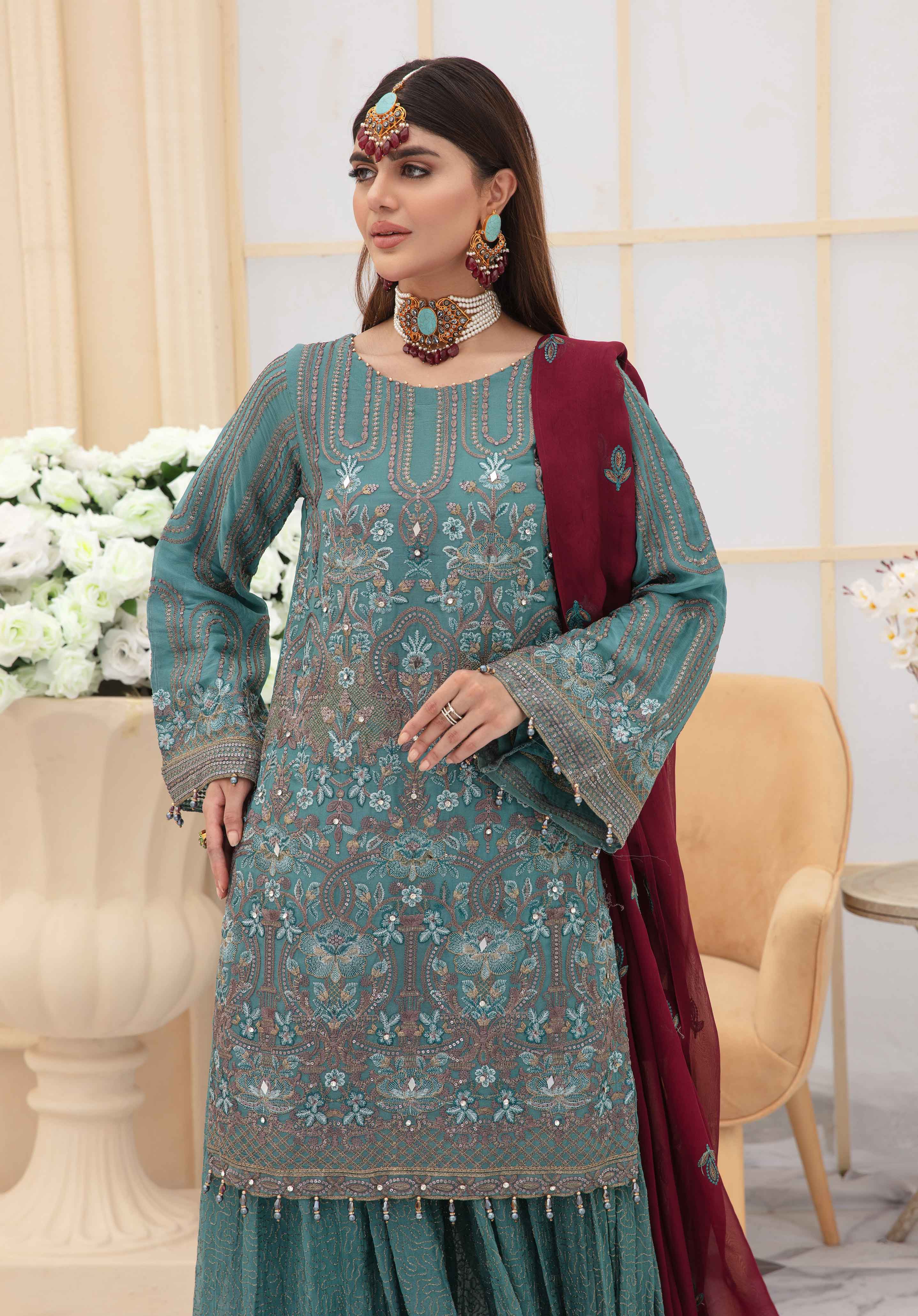 Shanzele Wedding Edition Mummy & Me Sea Green Sharara Suit DesiP 