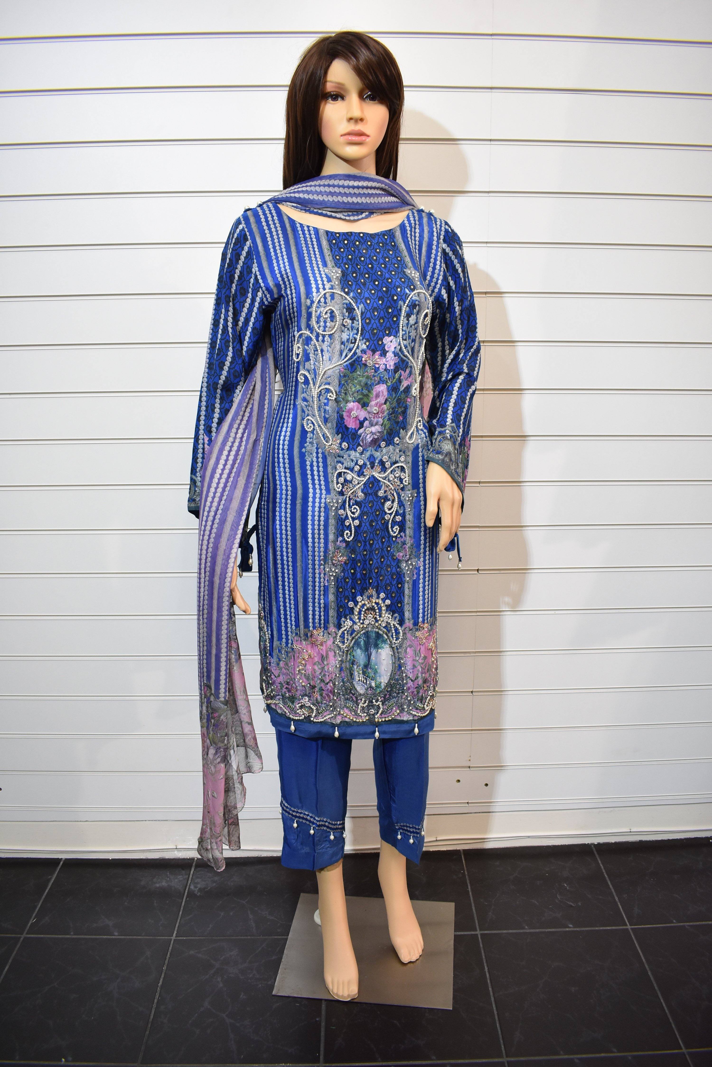 Silk Digital Print Adda Work Outfit with Pearl Detailed Silk Trousers - Desi Posh