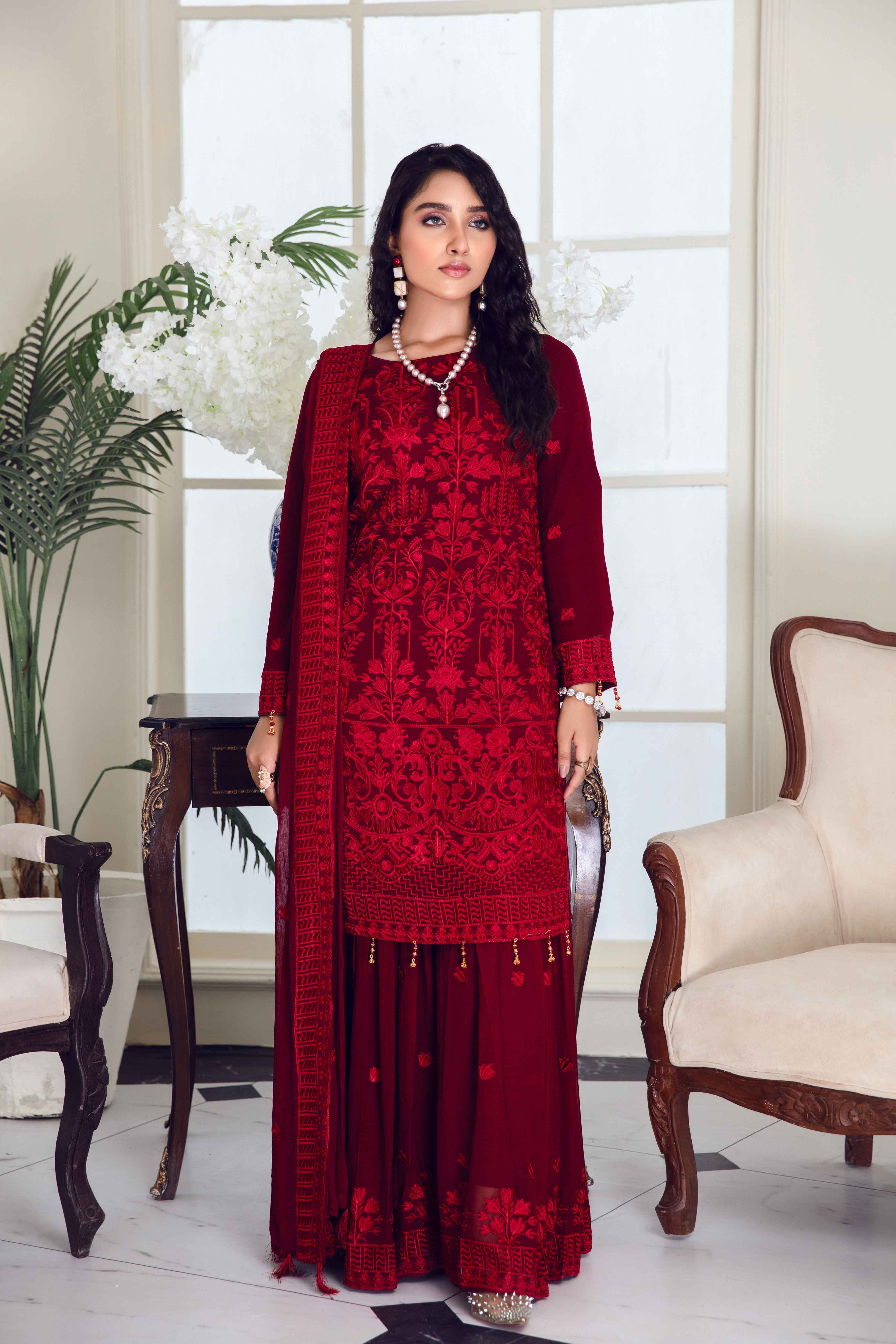 Simrans Eid Chiffon Maroon 3 Piece Formal Sharara Outfit - Desi Posh