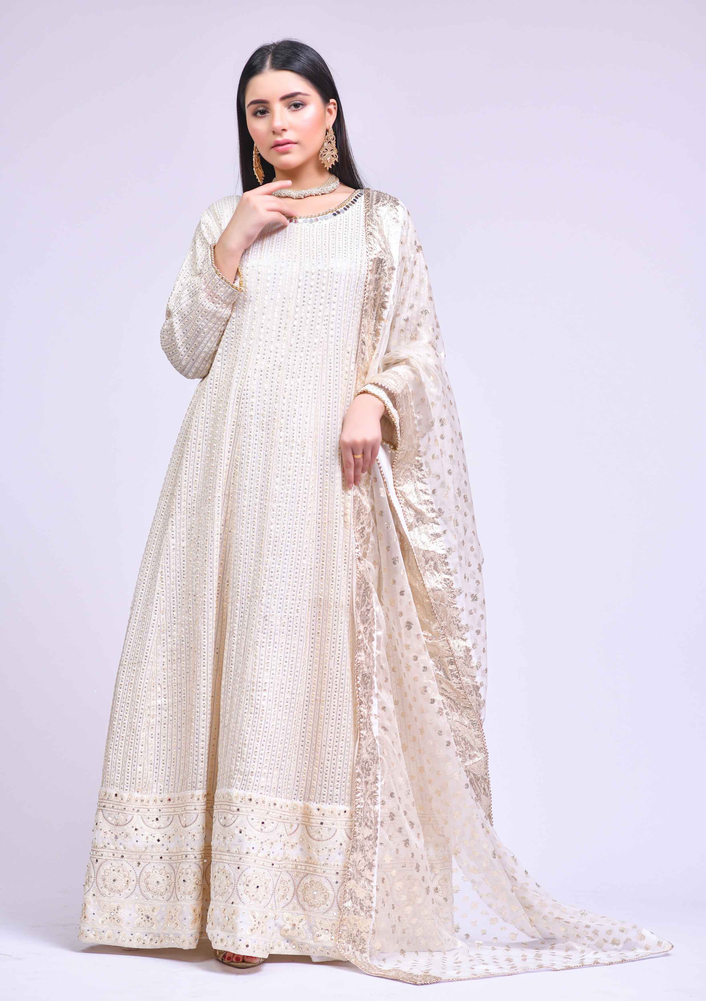 Simrans Designer Formal Off White Ladies Long Gown Suit