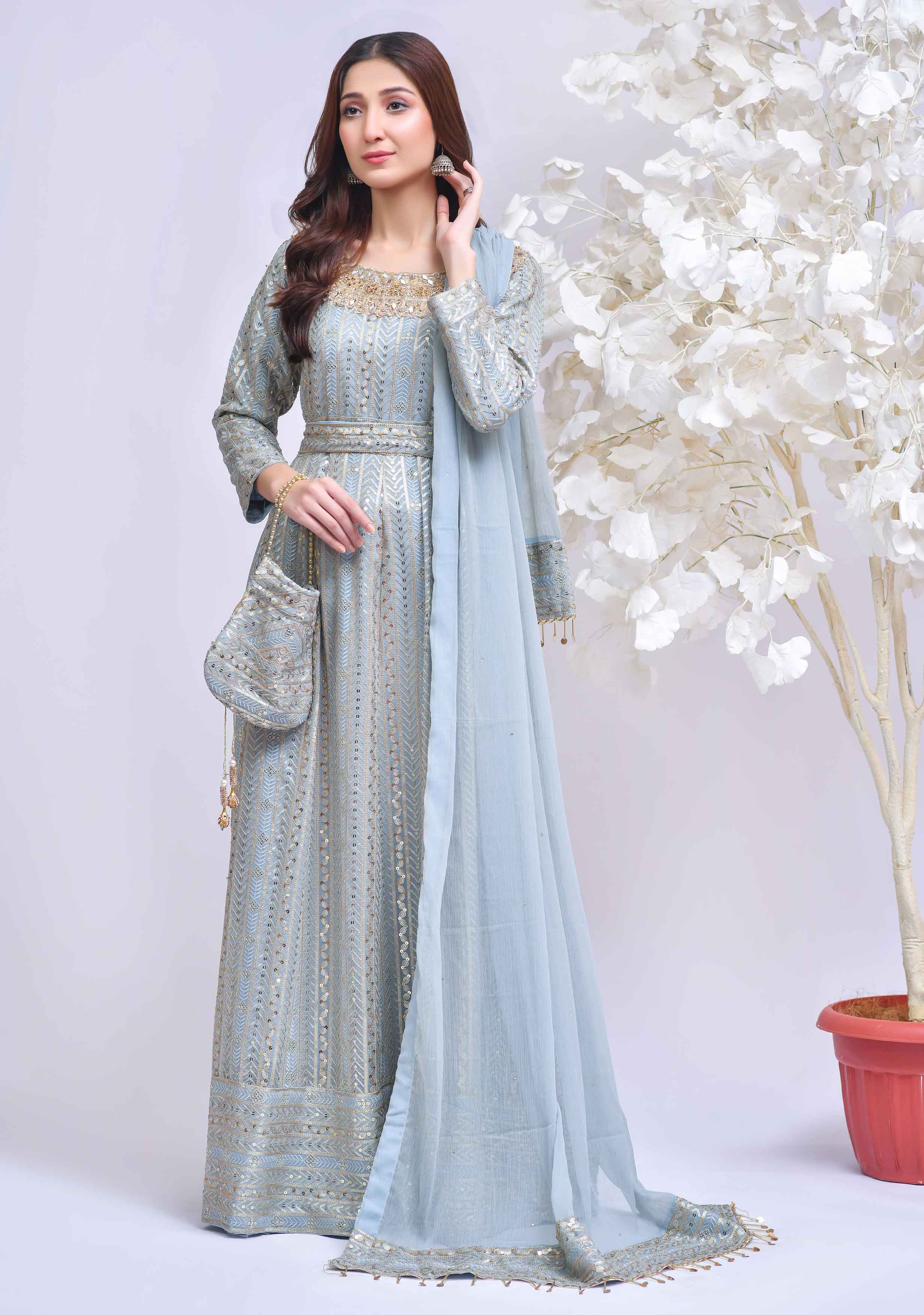 Simrans Designer Formal Pastel Blue Ladies Long Gown Suit DesiP 