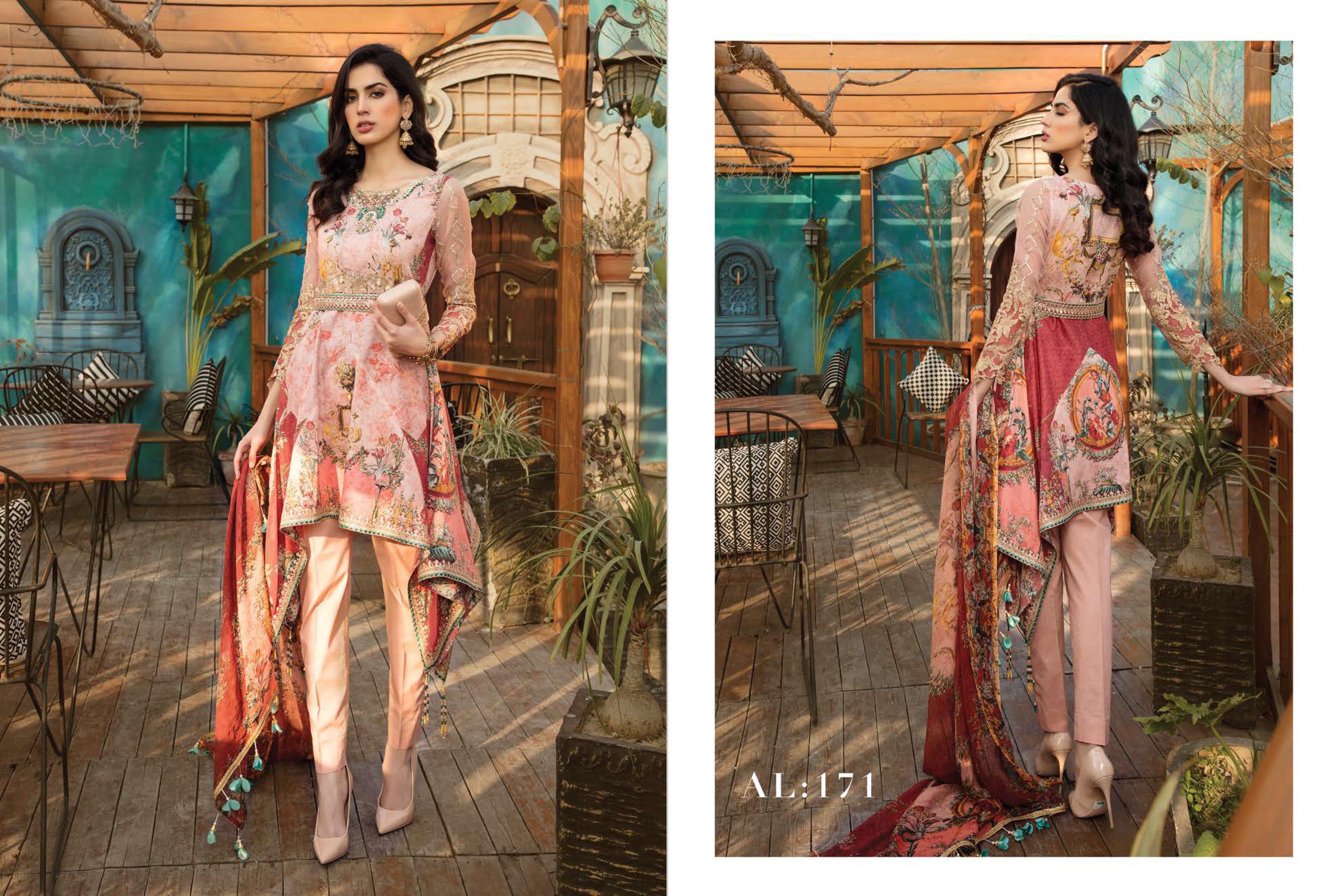 Simrans Digital Print Dress Outfit with Embroidered Net Sleeves AL171 - Desi Posh