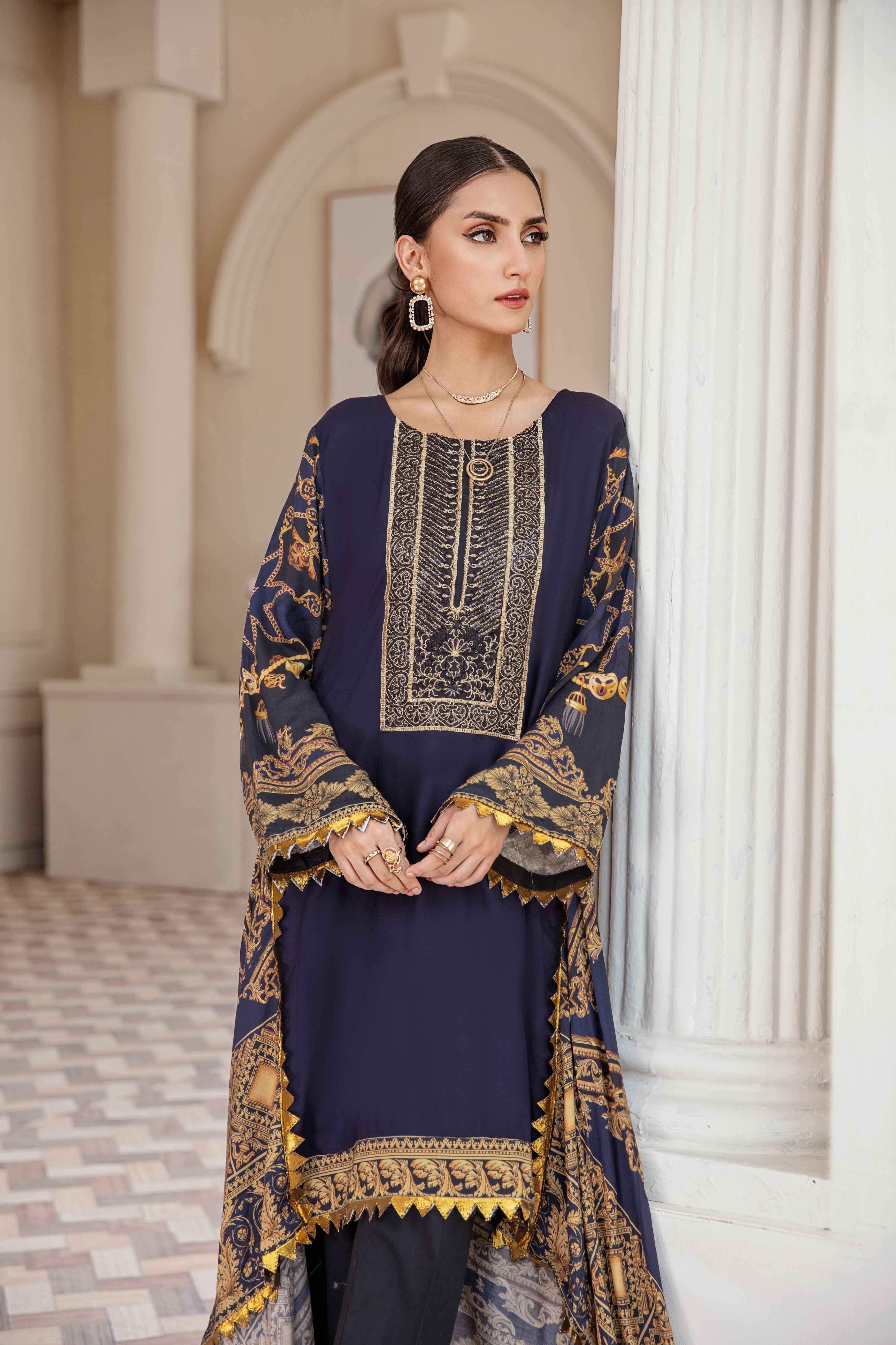 Simrans Digital Print Embroidered Dipped Hem Navy Kurta DesiP 