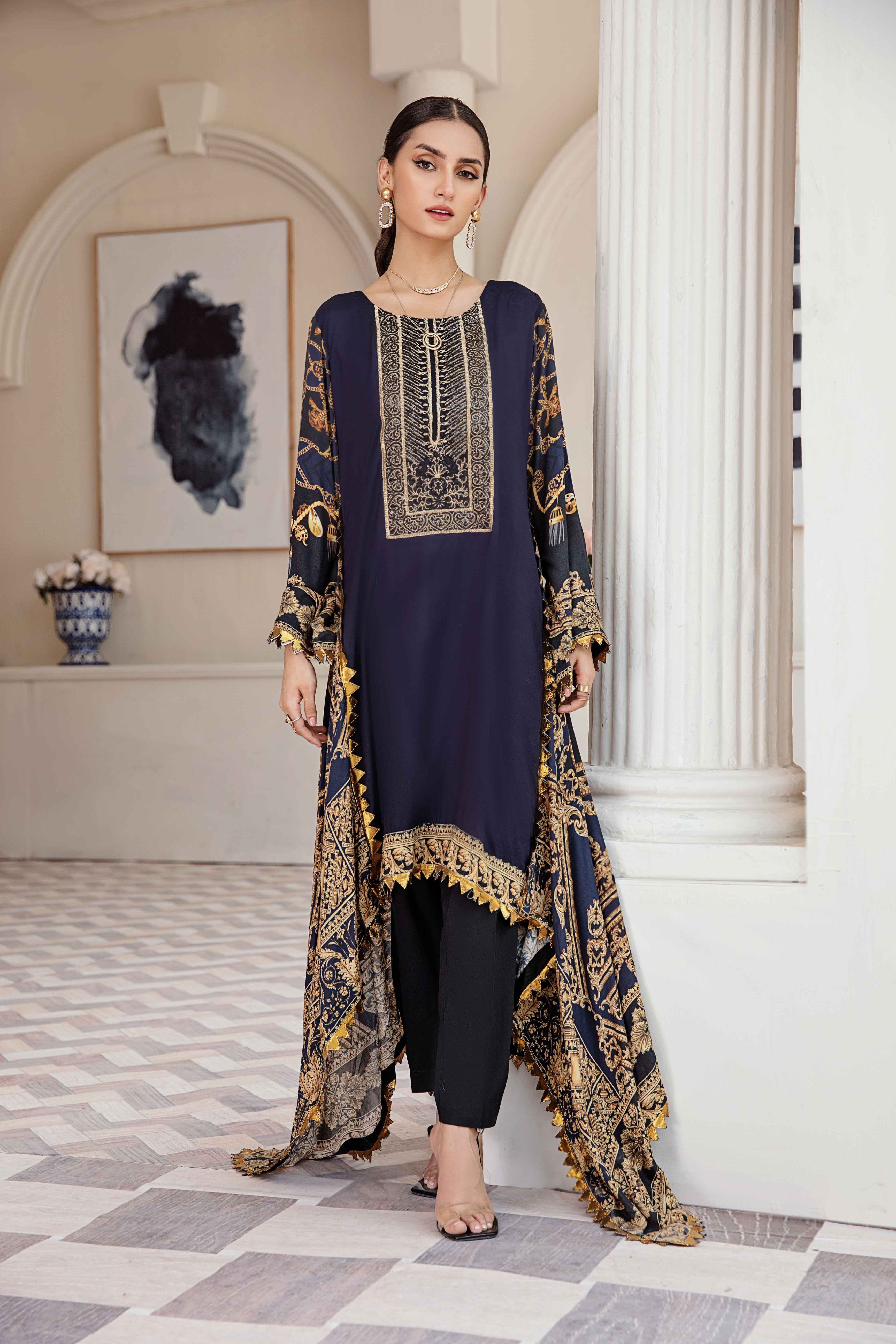 Simrans Digital Print Embroidered Dipped Hem Navy Kurta DesiP 