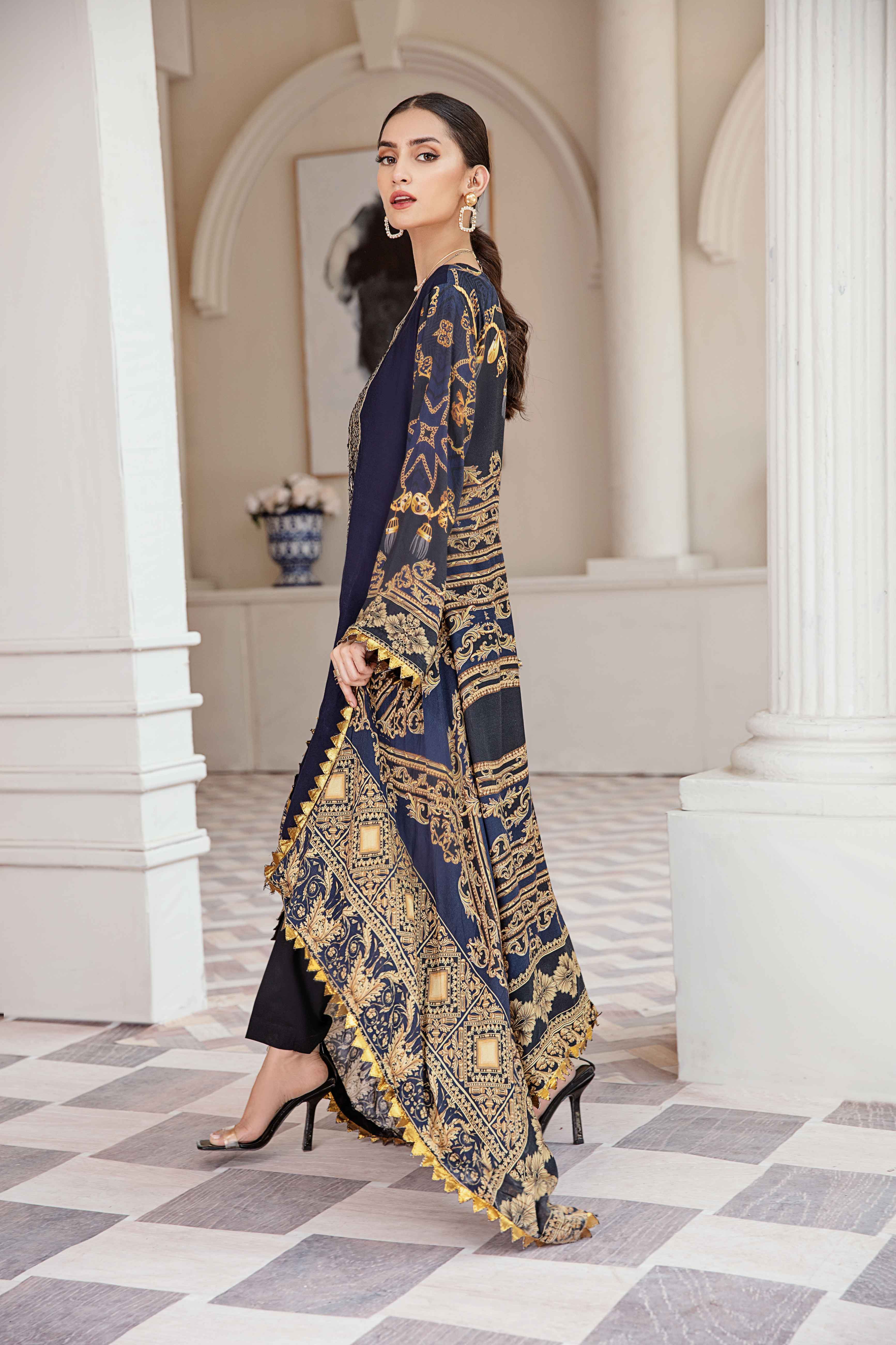 Simrans Digital Print Embroidered Dipped Hem Navy Kurta DesiP 