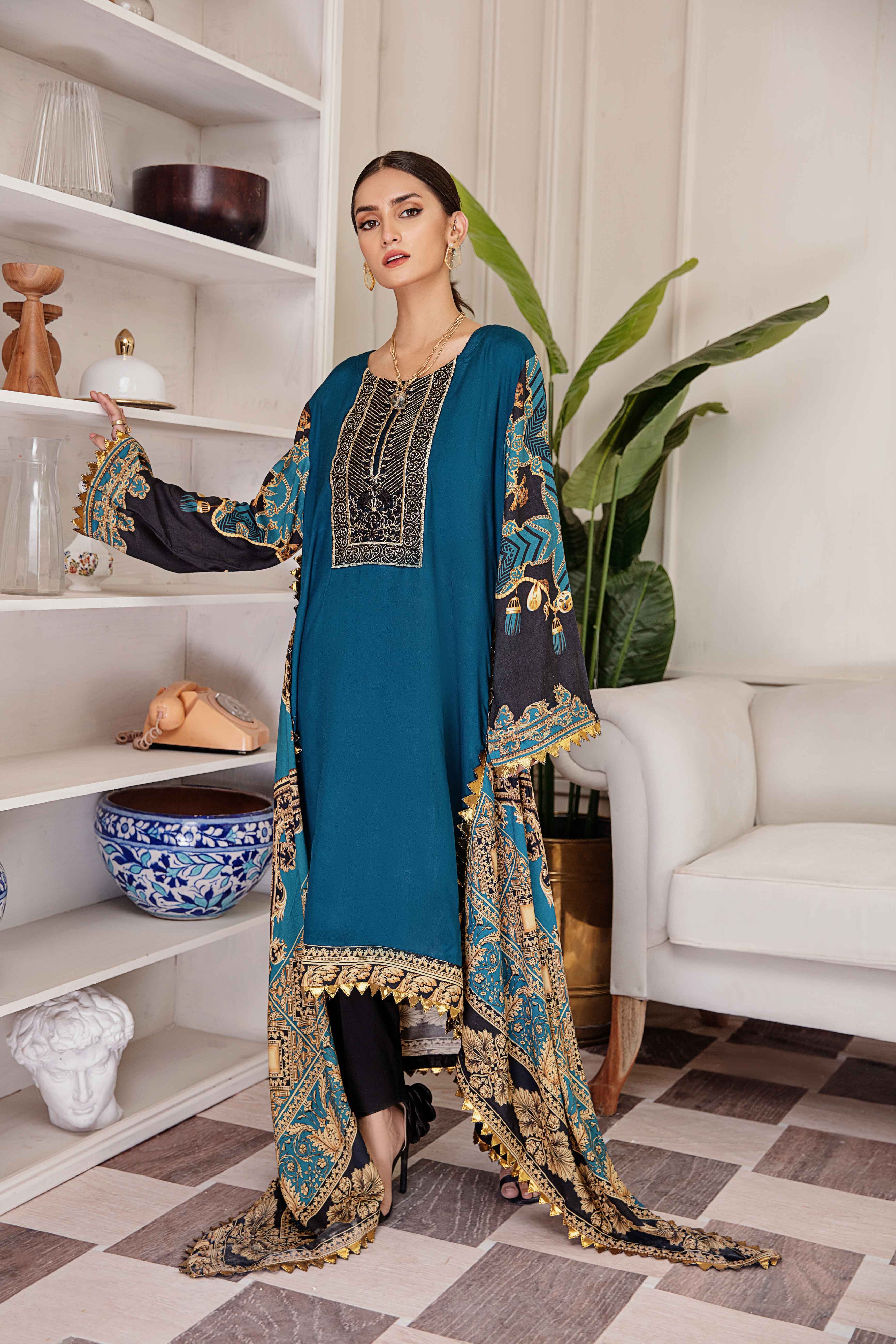Simrans Digital Print Embroidered Dipped Hem Teal Kurta