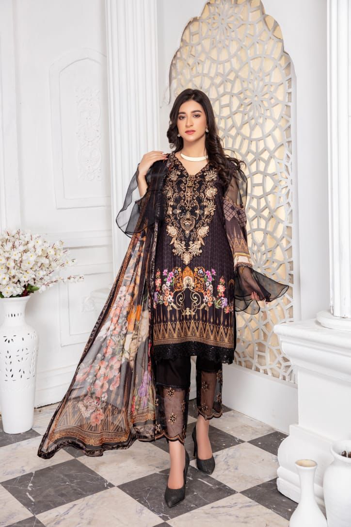 Simrans Digital Print Embroidered Outfit with Umbrella Sleeves