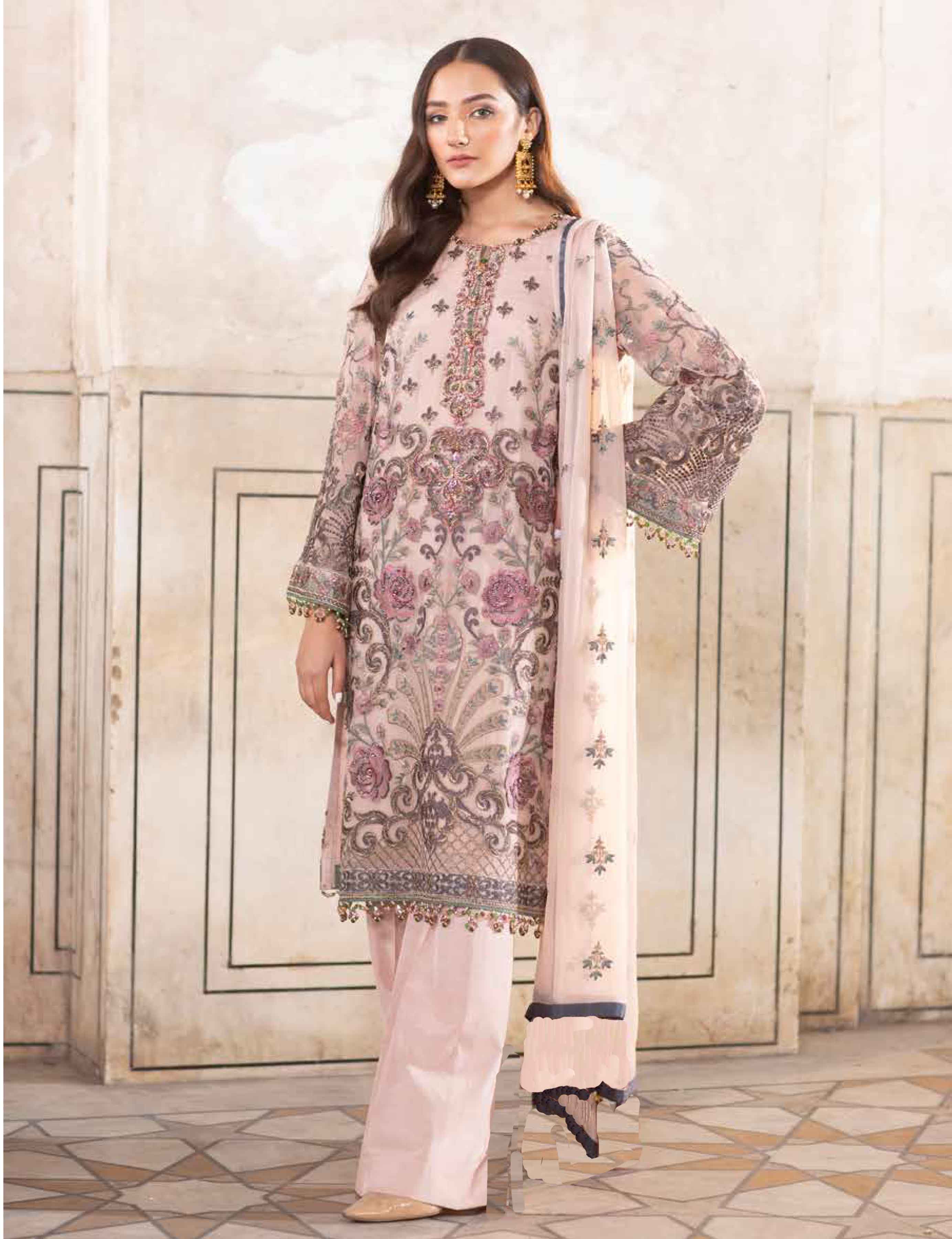 Simrans Dove Chiffon Light Pink 3 Piece Kameez Outfit