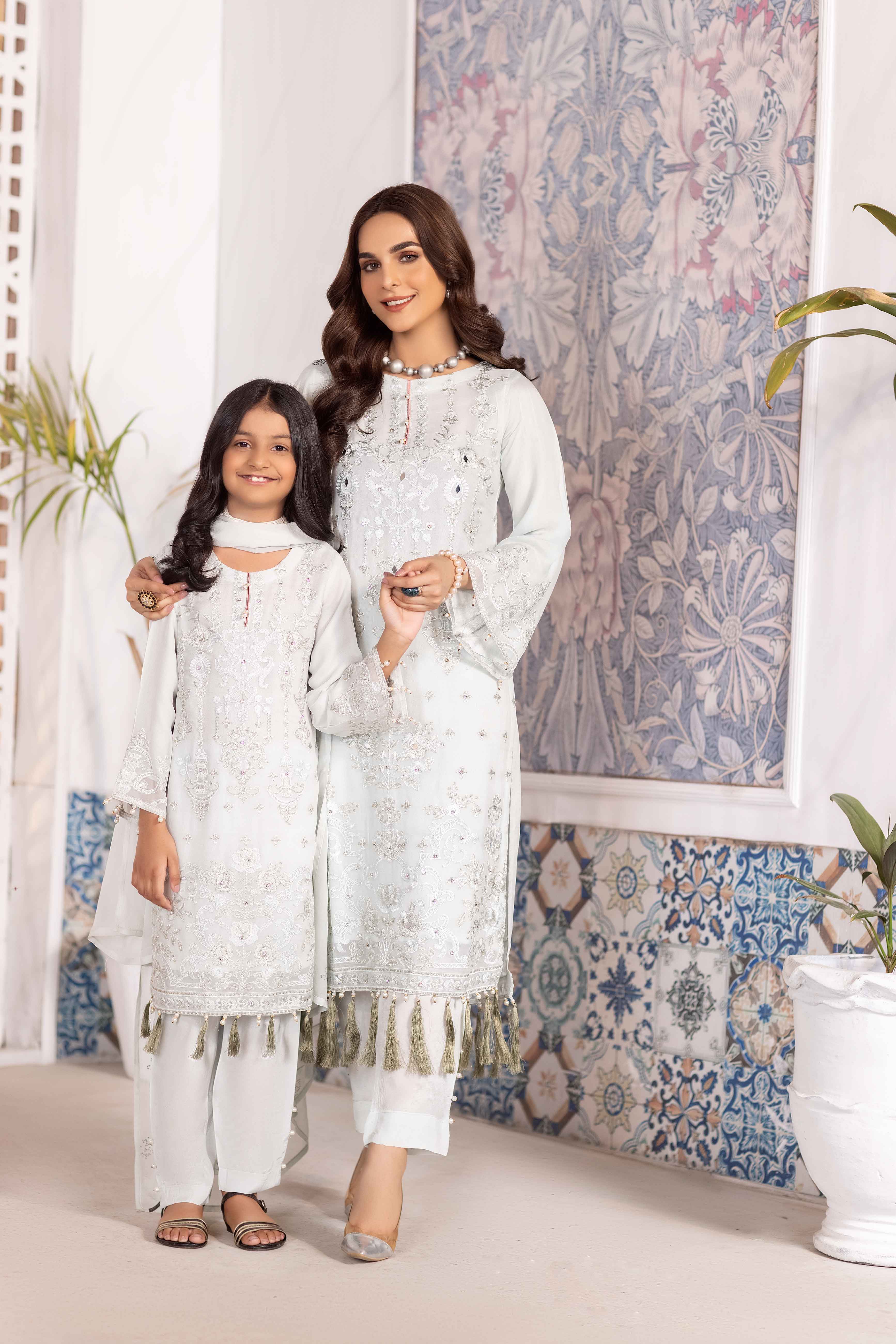 Simrans Girls Mother & Daughter Chiffon Eid Outfit Ice Flow DesiP 