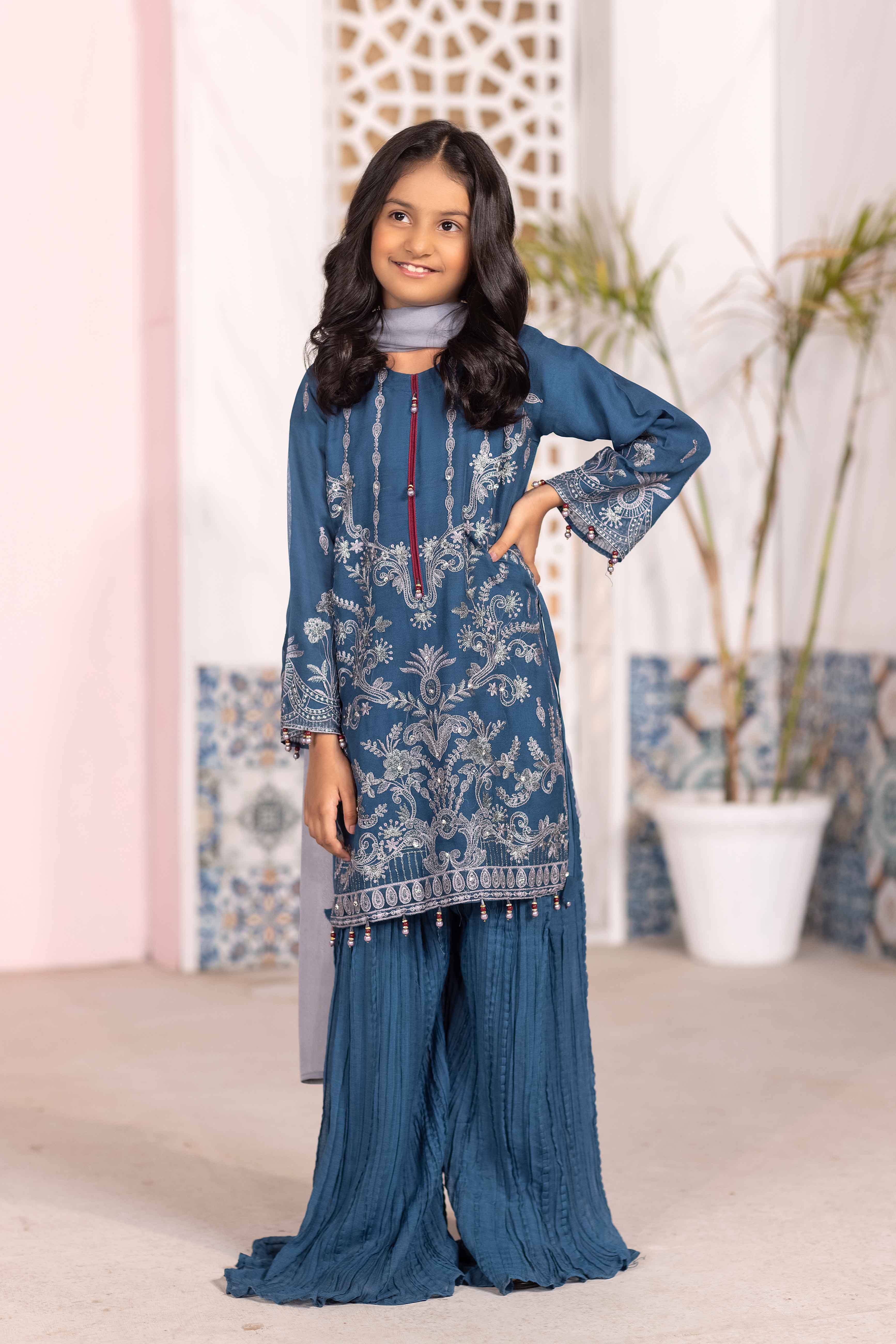 Simrans Girls Mother & Daughter Eid Sharara Outfit Azure Blue DesiPosh