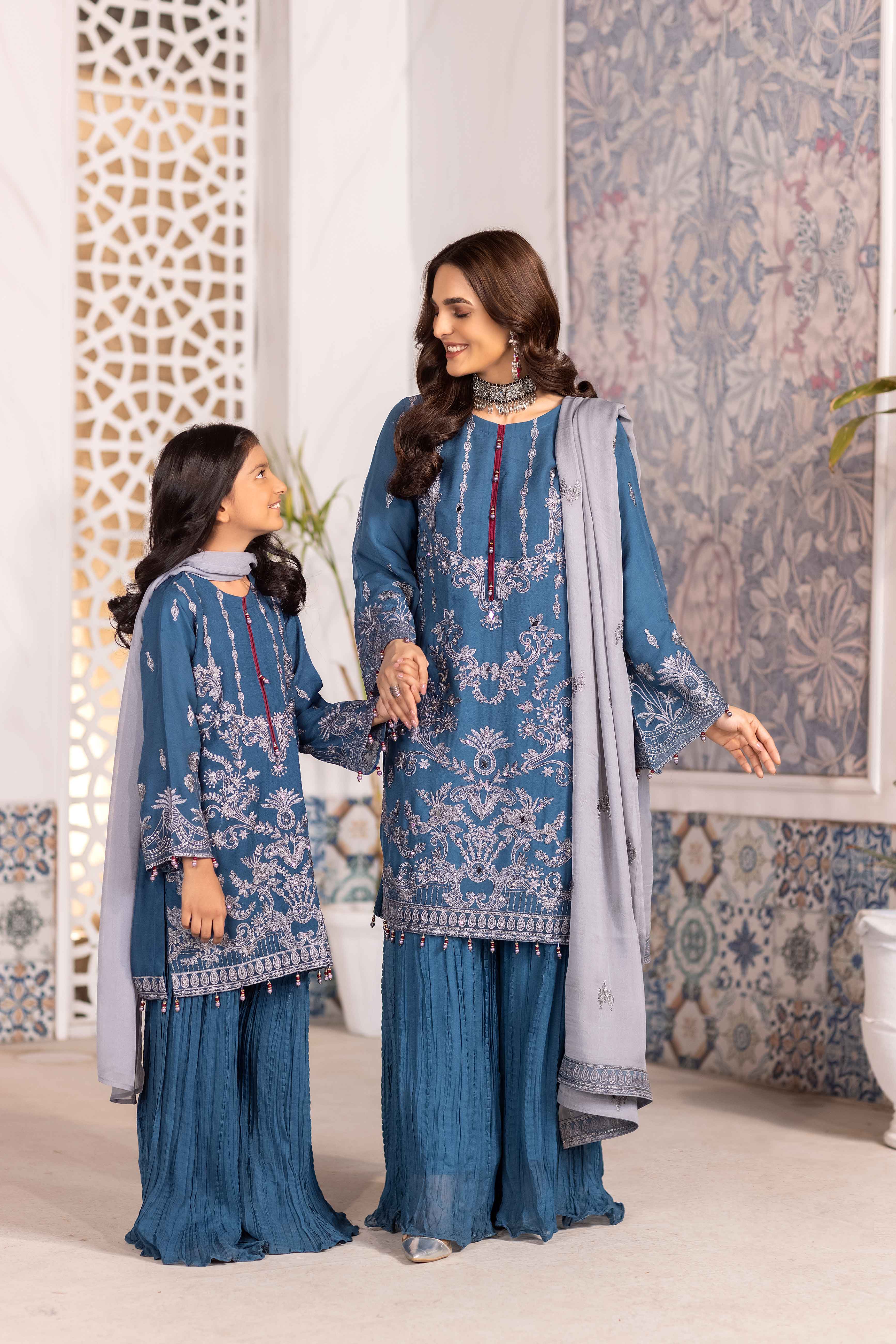 Simrans Girls Mother & Daughter Eid Sharara Outfit Azure Blue
