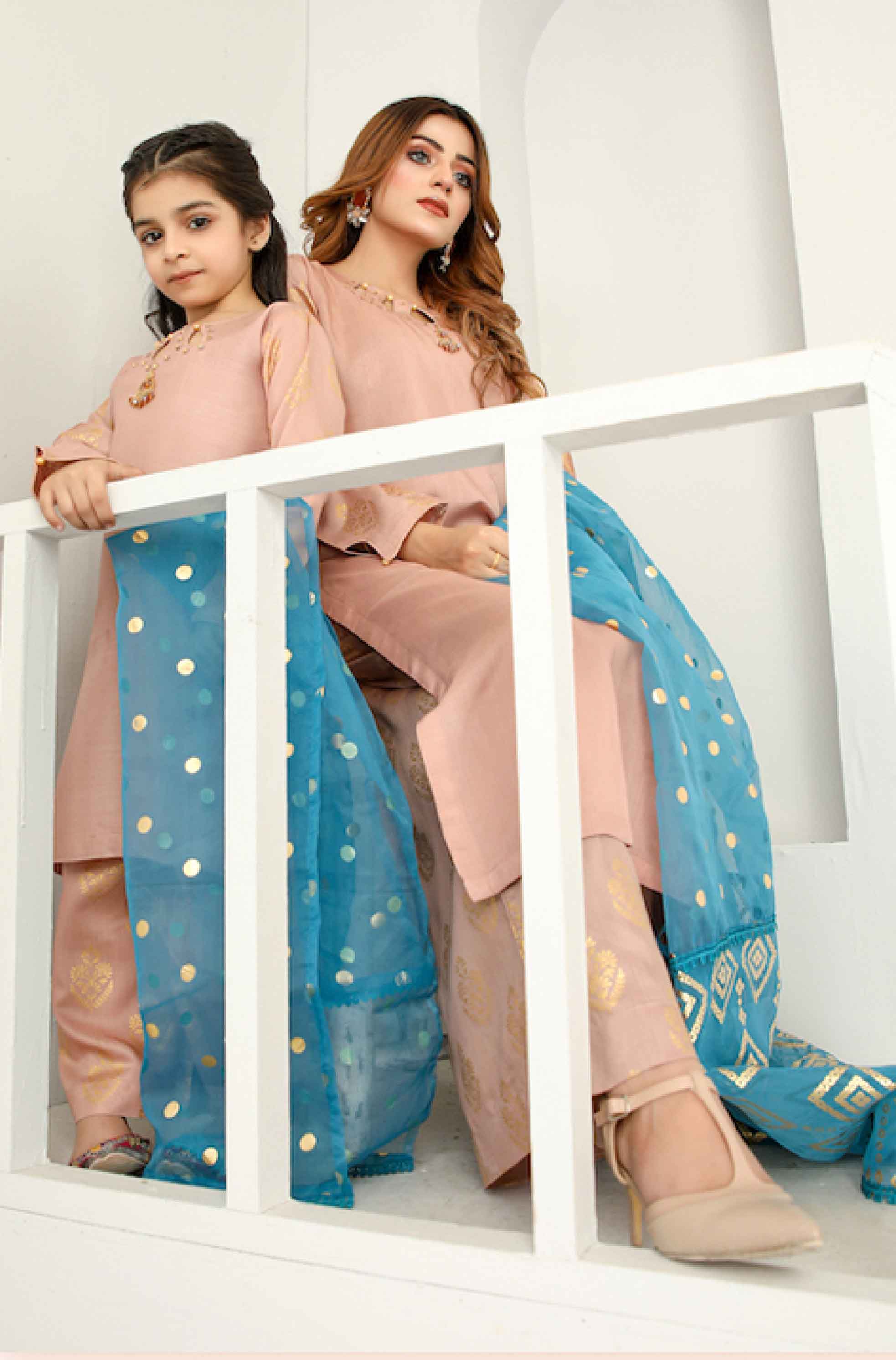 Simrans Girls Mummy & Me Eid Outfit with Foil Print Dupatta PN01K