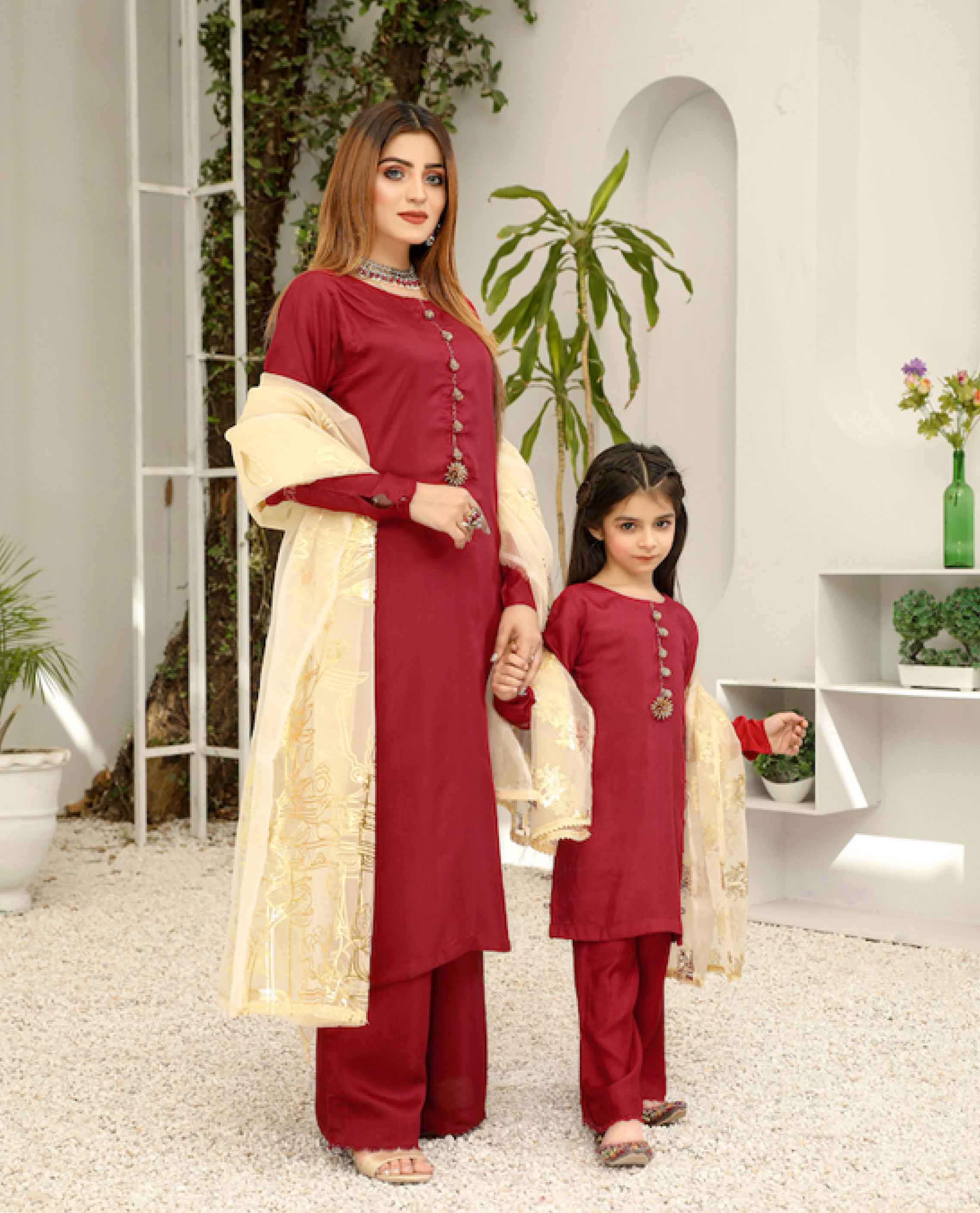 Simrans Girls Mummy & Me Eid Outfit with Foil Print Dupatta PN03K