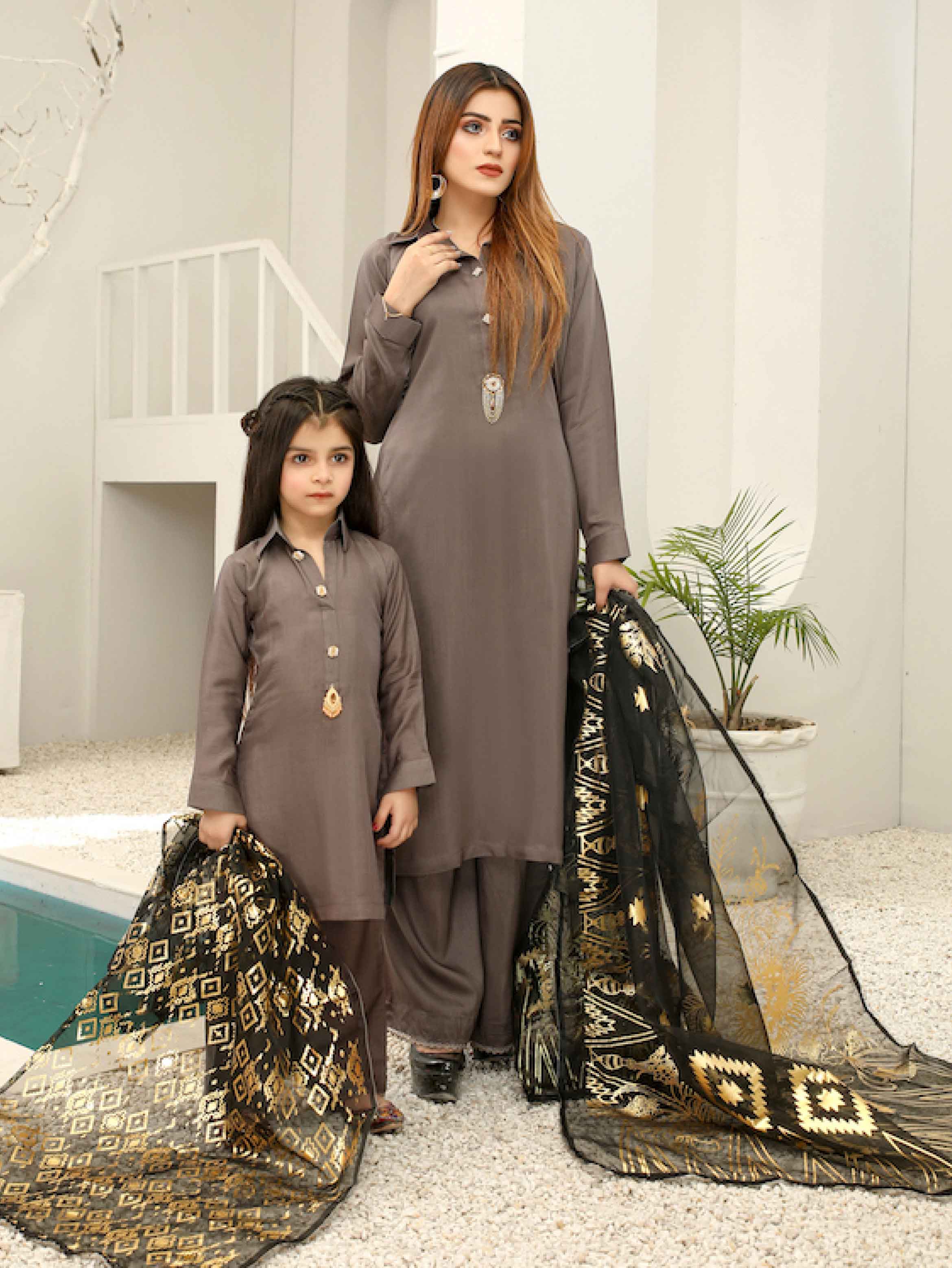 Simrans Girls Mummy & Me Eid Outfit with Foil Print Dupatta PN04K DesiPosh