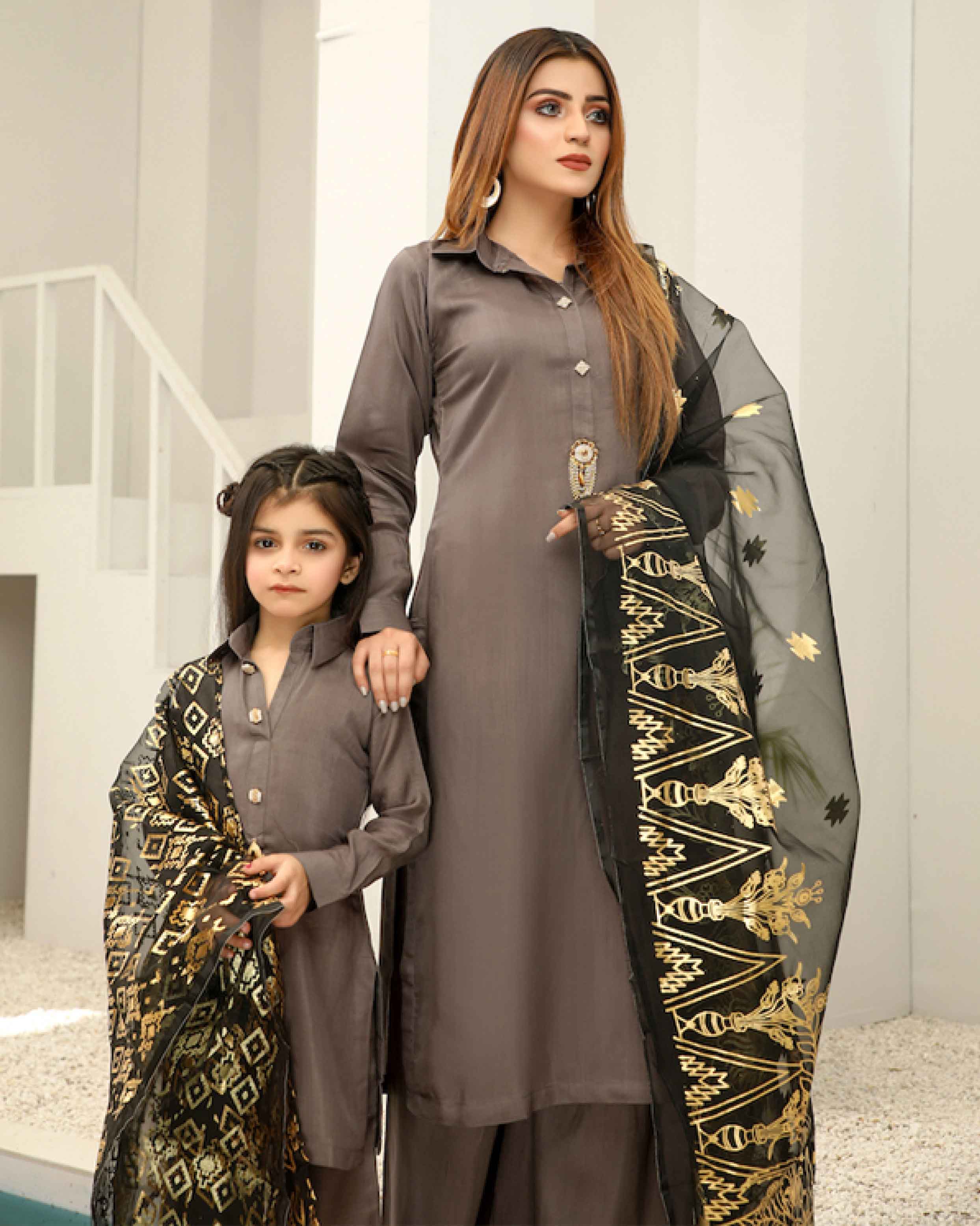 Simrans Girls Mummy & Me Eid Outfit with Foil Print Dupatta PN04K