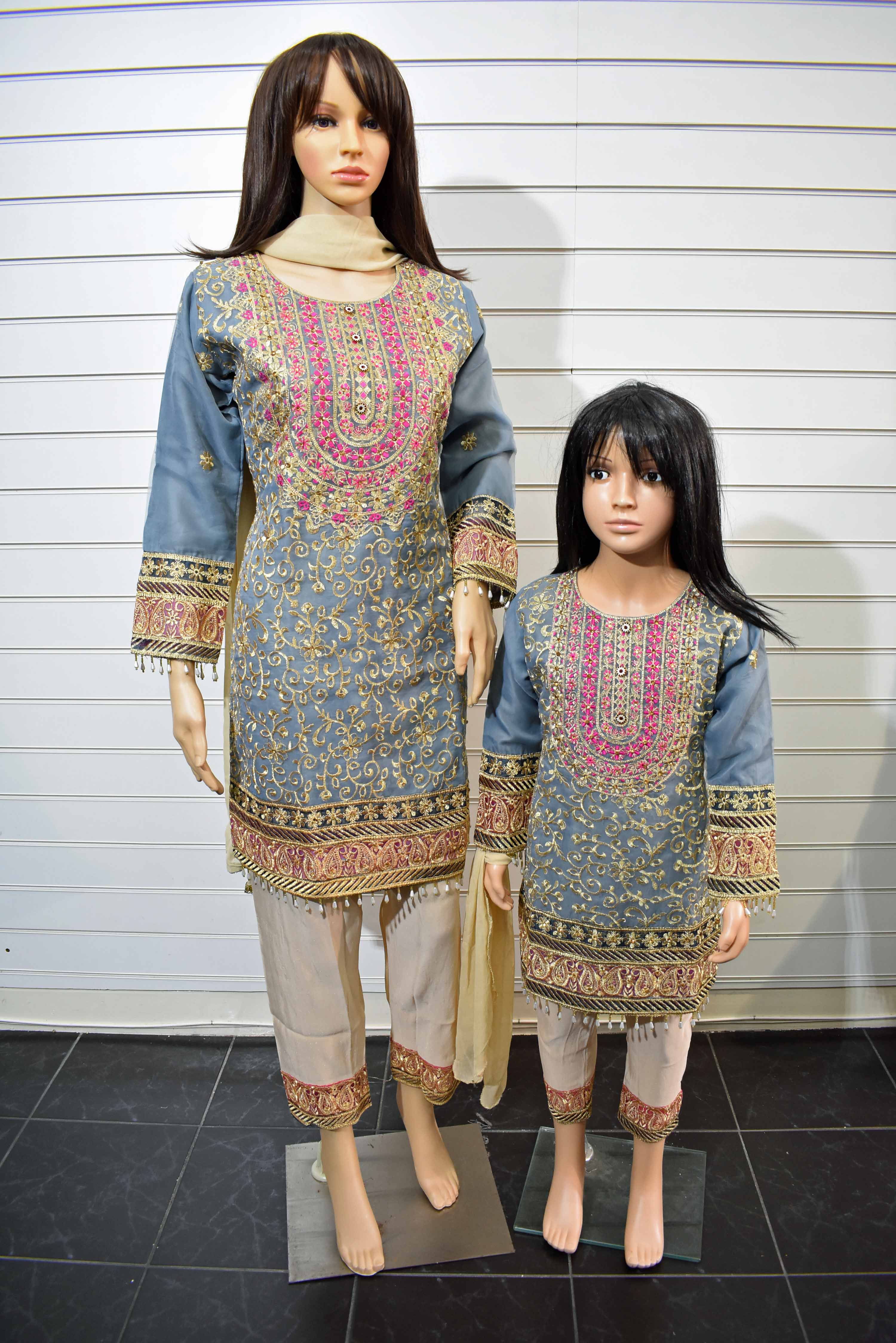 Simrans Girls Organza Grey Pakistani Mummy & Me Eid Outfit