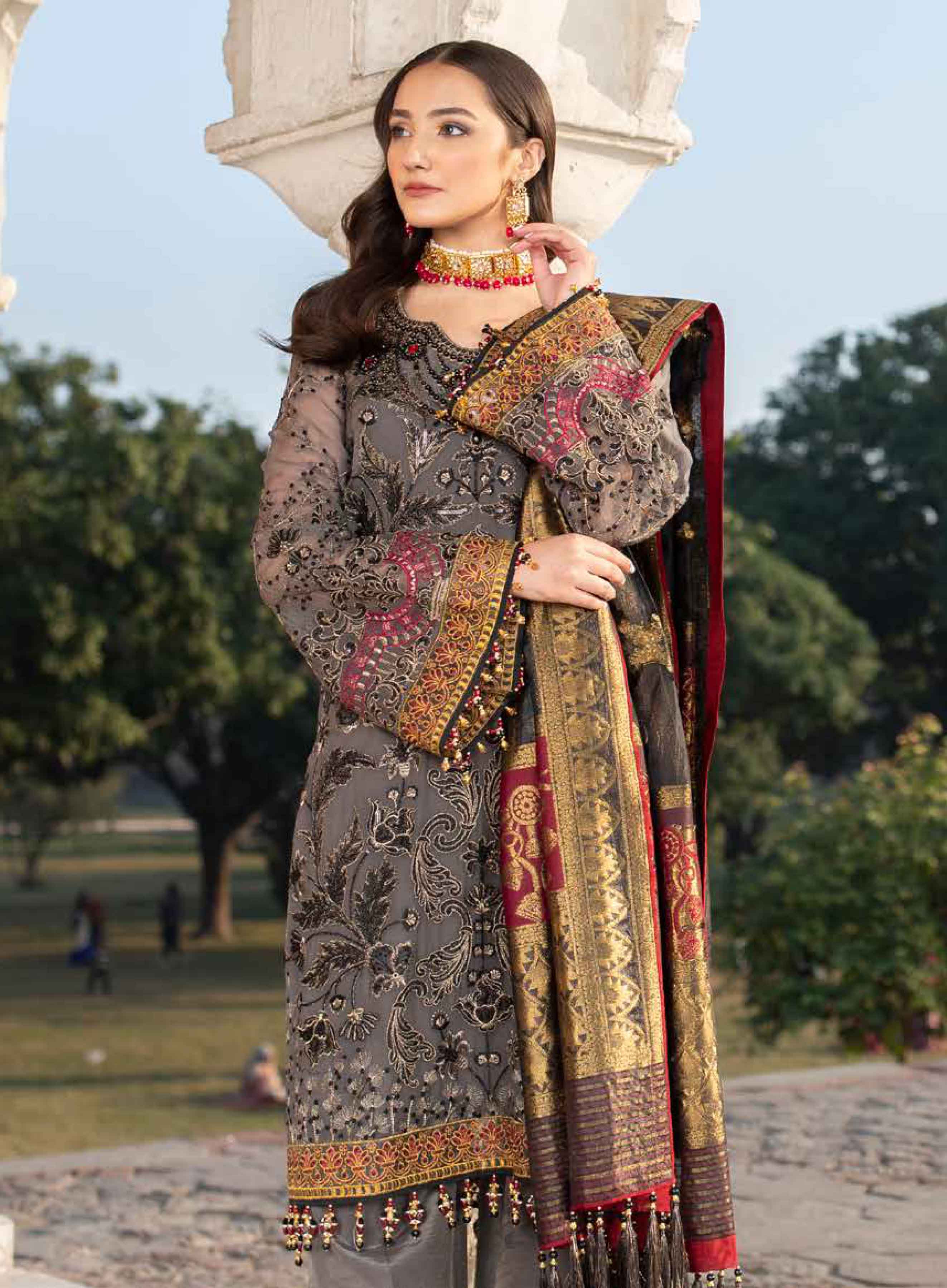 Simrans Grey Wister Chiffon 3 Piece Kameez Outfit Desi Posh
