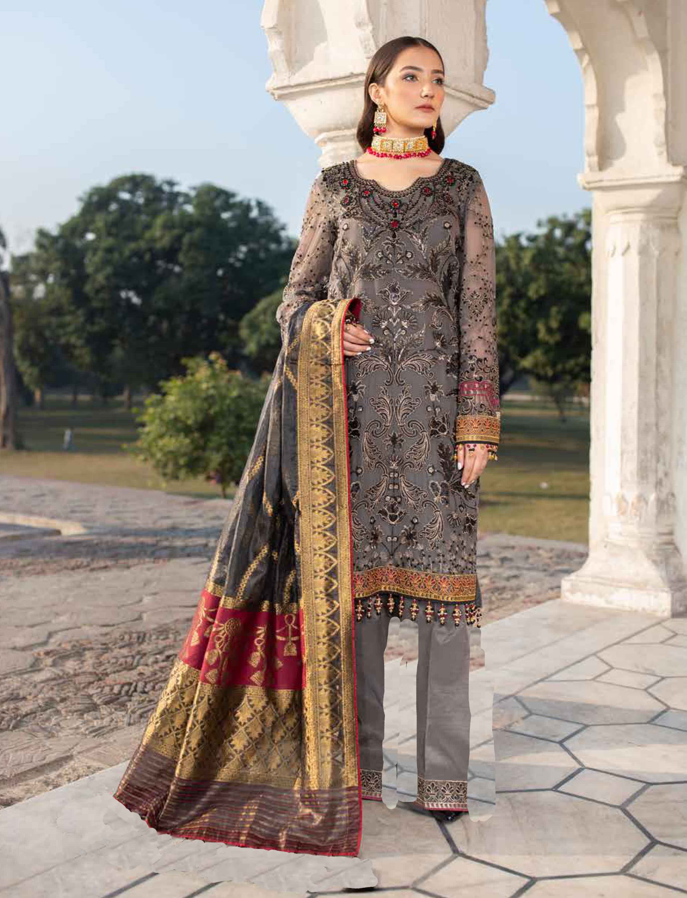 Simrans Grey Whisper Chiffon 3 Piece Kameez Outfit