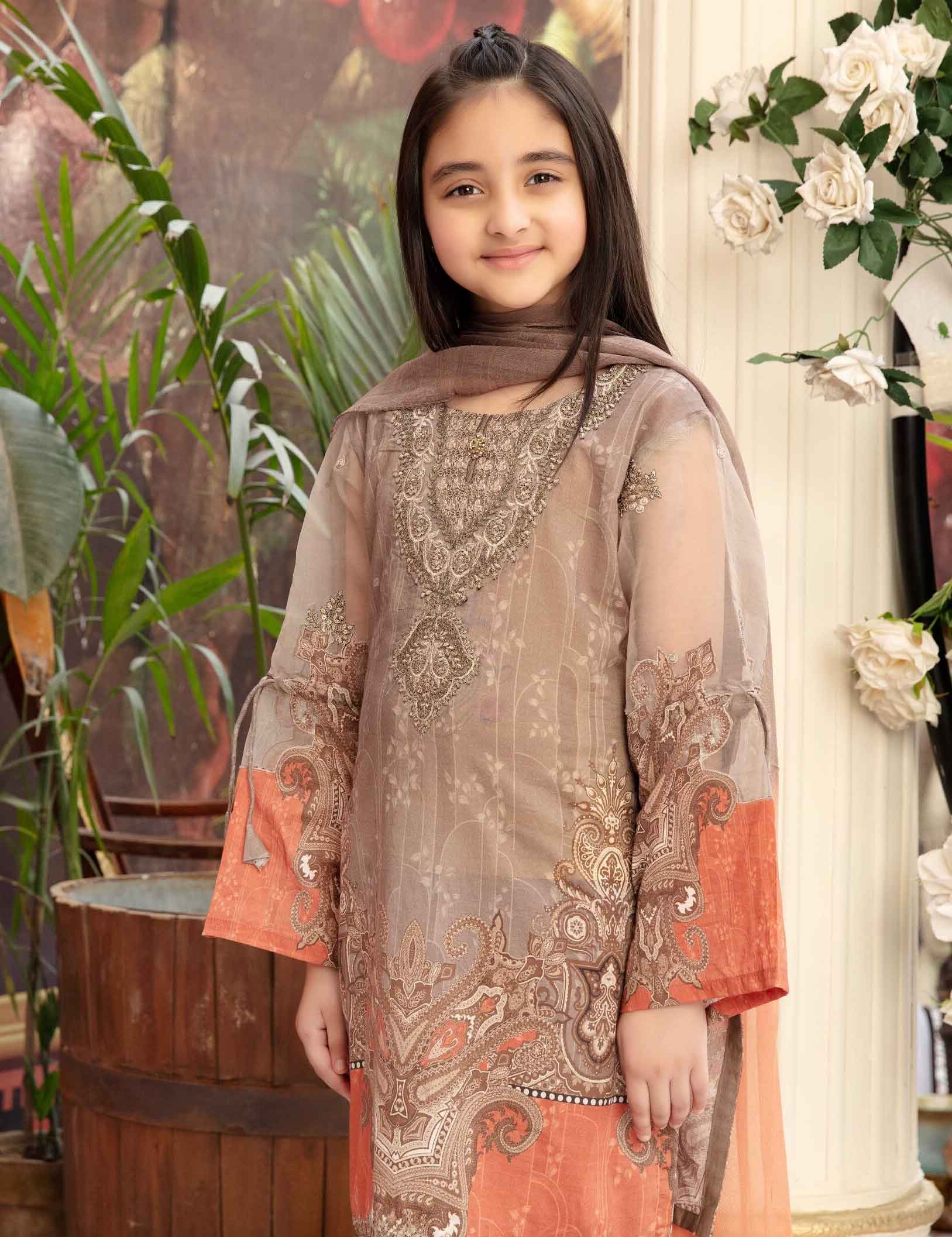 Simrans Kids Digital Print Summer Lawn Kameez Outfit with Net Embroidered Sleeves AL237K - Desi Posh