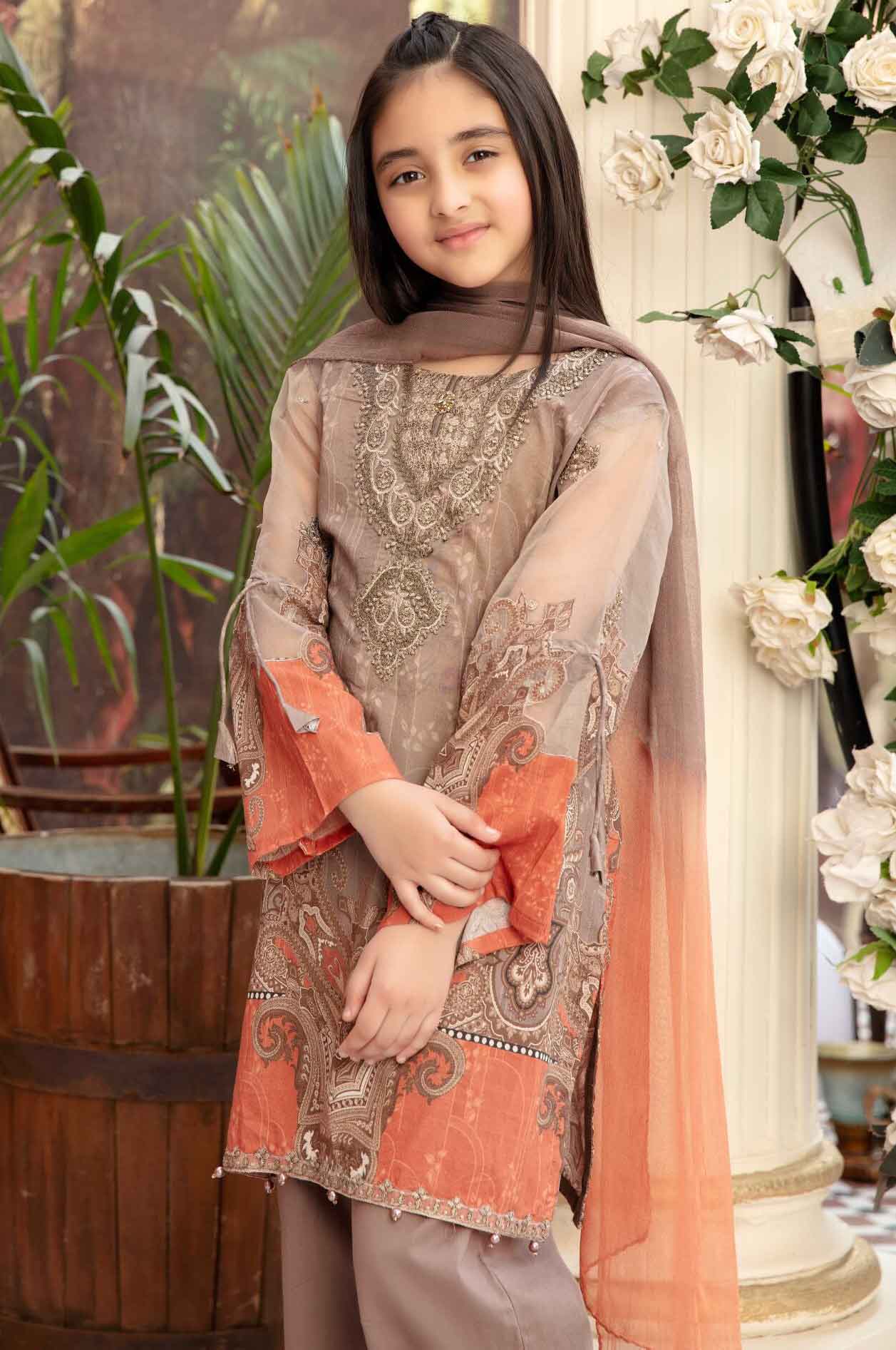 Simrans Kids Digital Print Summer Lawn Kameez Outfit with Net Embroidered Sleeves AL237K - Desi Posh