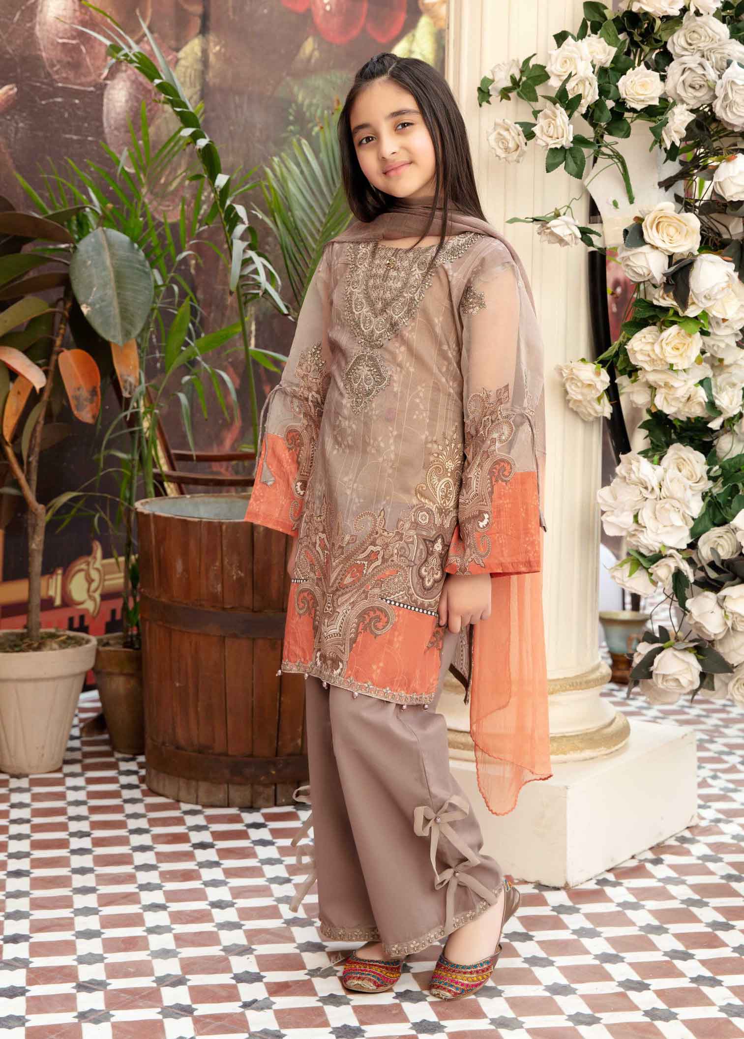 Simrans Kids Digital Print Summer Lawn Kameez Outfit with Net Embroidered Sleeves AL237K - Desi Posh