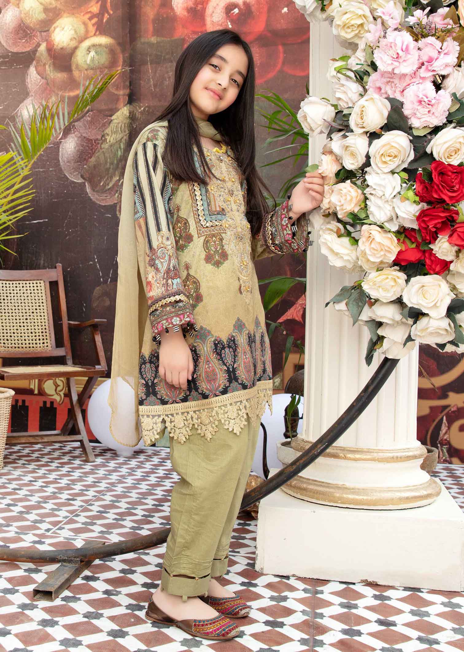 Simrans Kids Digital Print Summer Lawn Aline Outfit with Pearl Detailed Trousers AL214K - Desi Posh