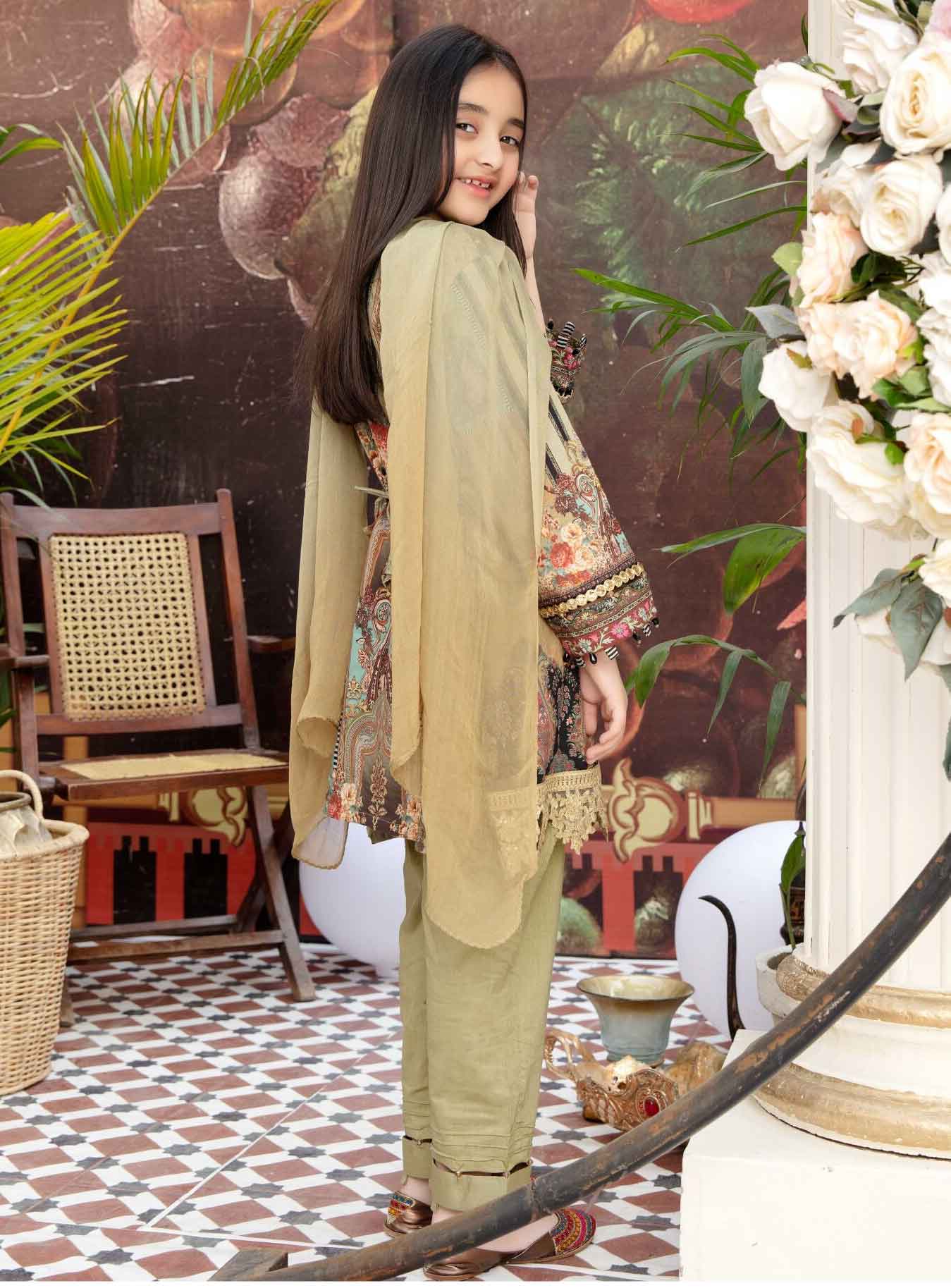 Simrans Kids Digital Print Summer Lawn Aline Outfit with Pearl Detailed Trousers AL214K - Desi Posh