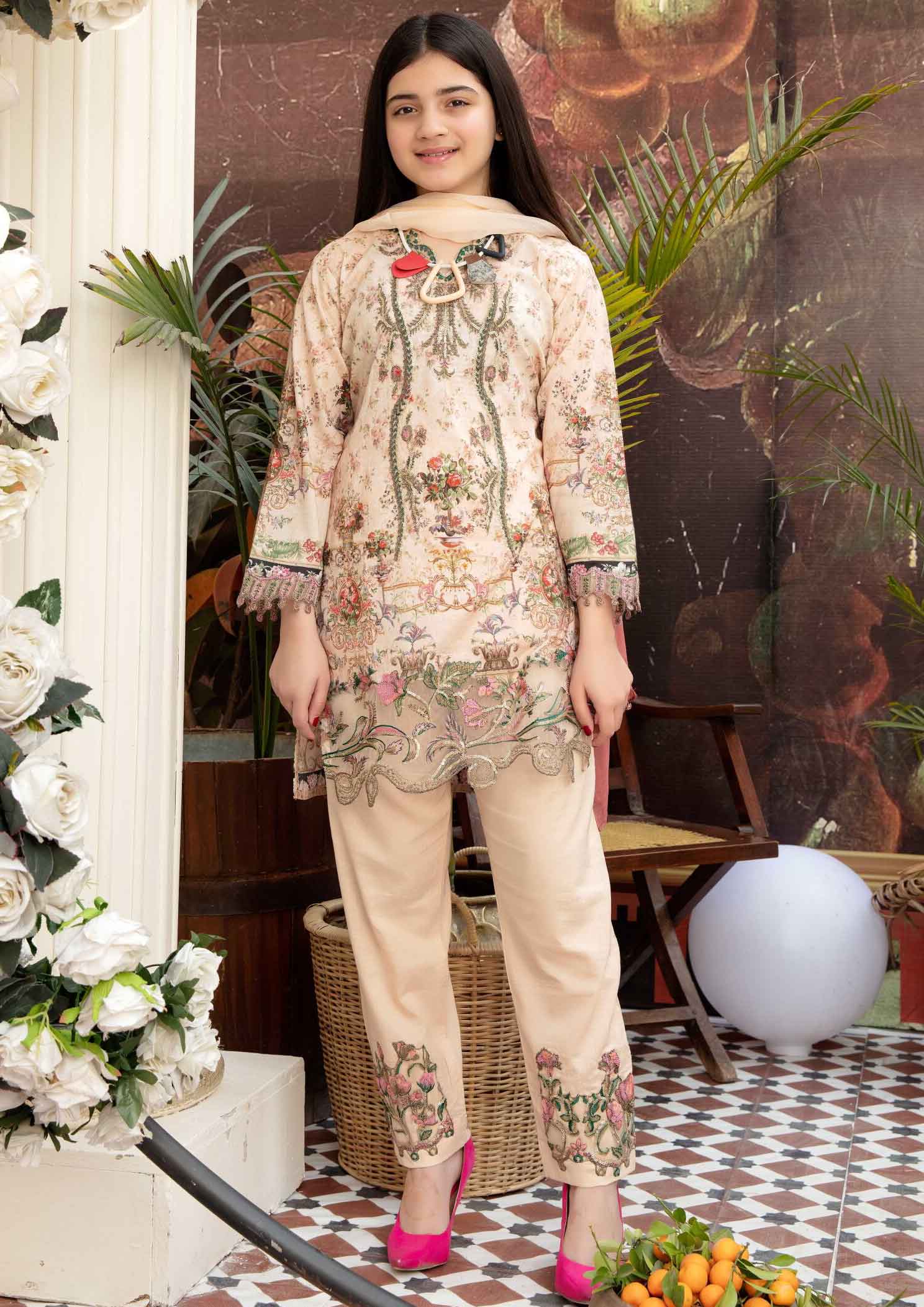 Simrans Kids Digital Print Summer Lawn Kameez Outfit with Embroidered Trousers AL219K - Desi Posh