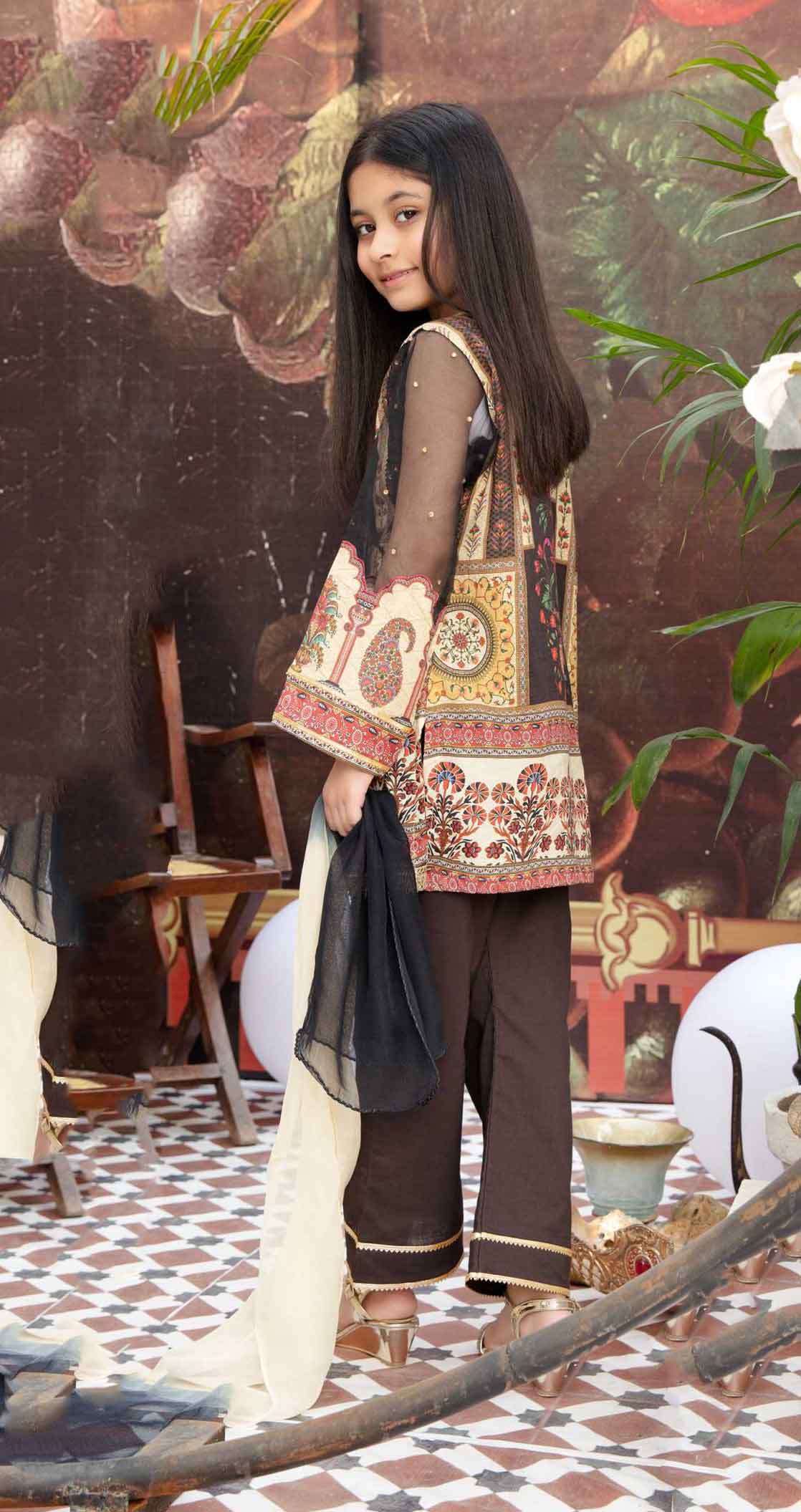 Simrans Kids Digital Print Summer Lawn Kameez Outfit with Lace Detailed Trousers AL233K - Desi Posh