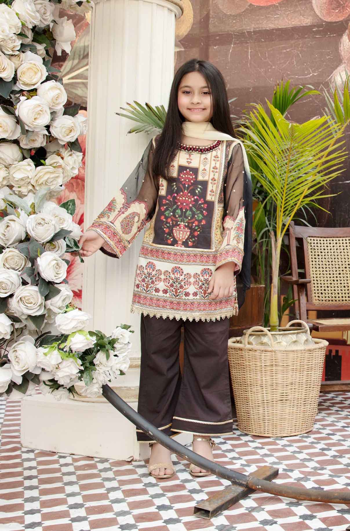 Simrans Kids Digital Print Summer Lawn Kameez Outfit with Lace Detailed Trousers AL233K - Desi Posh